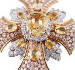 David Webb Yellow Sapphire Diamond Gold Platinum Large Maltese Cross Brooch