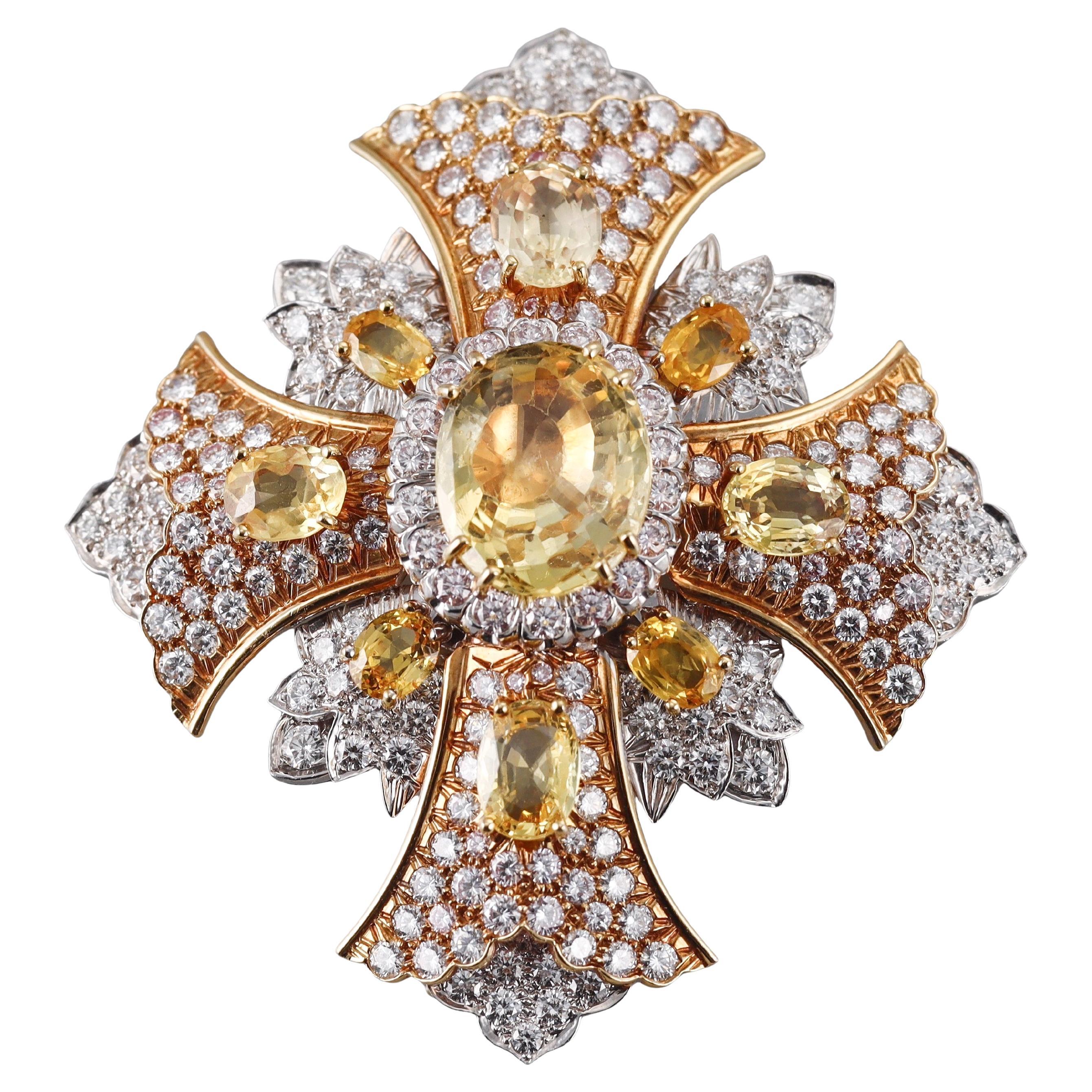 David Webb Yellow Sapphire Diamond Gold Platinum Large Maltese Cross Brooch
