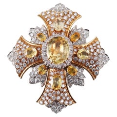 David Webb Yellow Sapphire Diamond Gold Platinum Large Maltese Cross Brooch