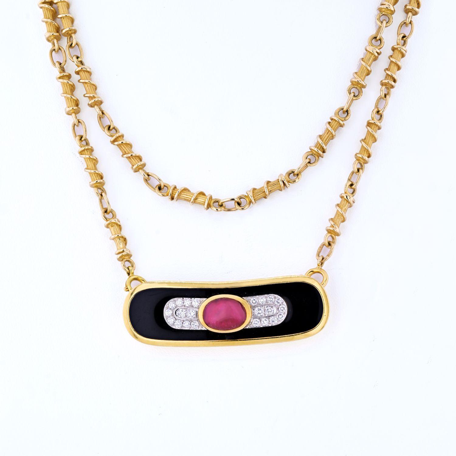 RUBY, DIAMOND AND LACQUER PENDANT, DAVID WEBB Cabochon ruby, circular-cut diamonds, black lacquer, platinum and gold, pendant 5.6 cm, necklace 86.0 cm, together with a fancy-link necklace, pendant signed Webb, black David Webb pouch.
Length: 36