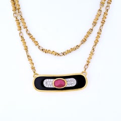 David Webb Yellow Gold Ruby, Diamond and Lacquer Pendant Necklace on Long Chain