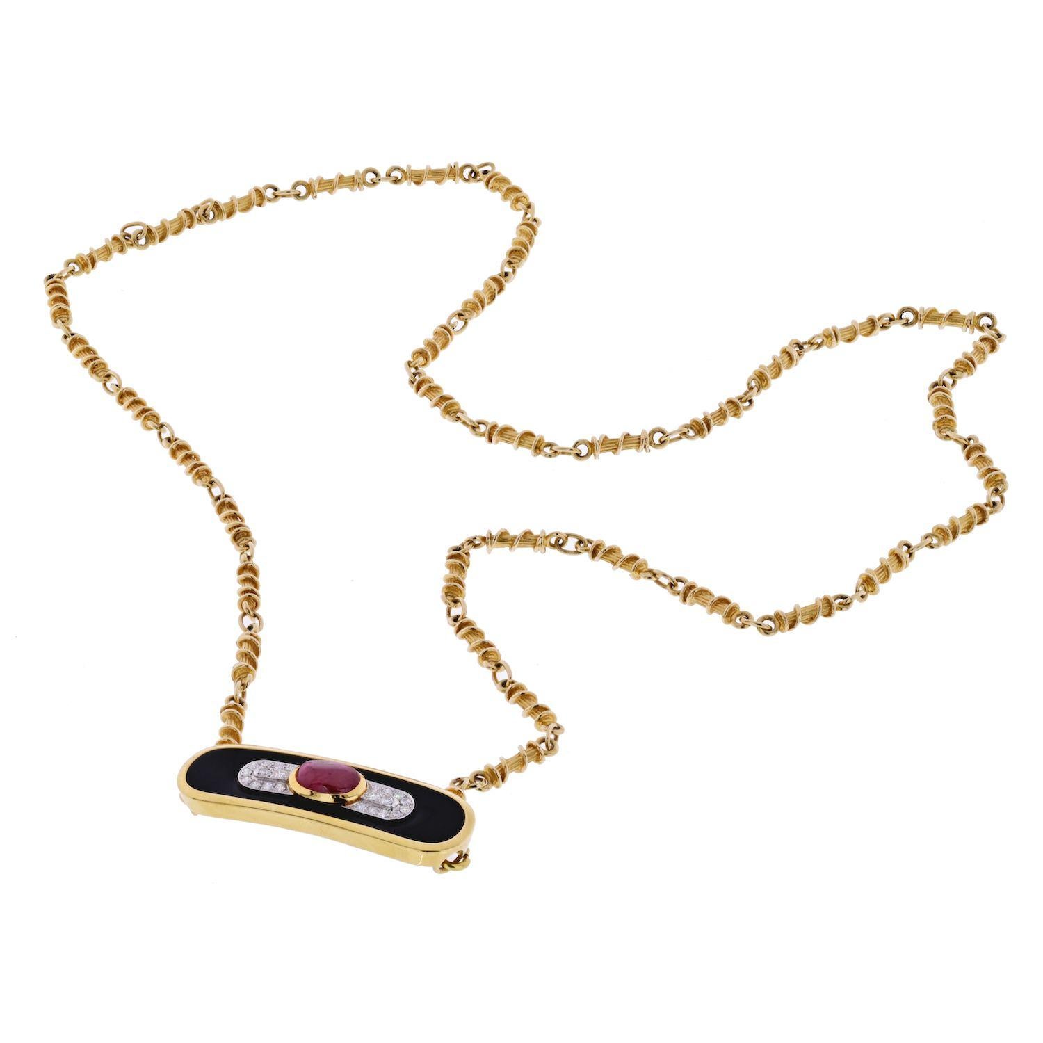 Modern David Webb Yellow Gold Ruby, Diamond and Lacquer Pendant Necklace on Long Chain For Sale
