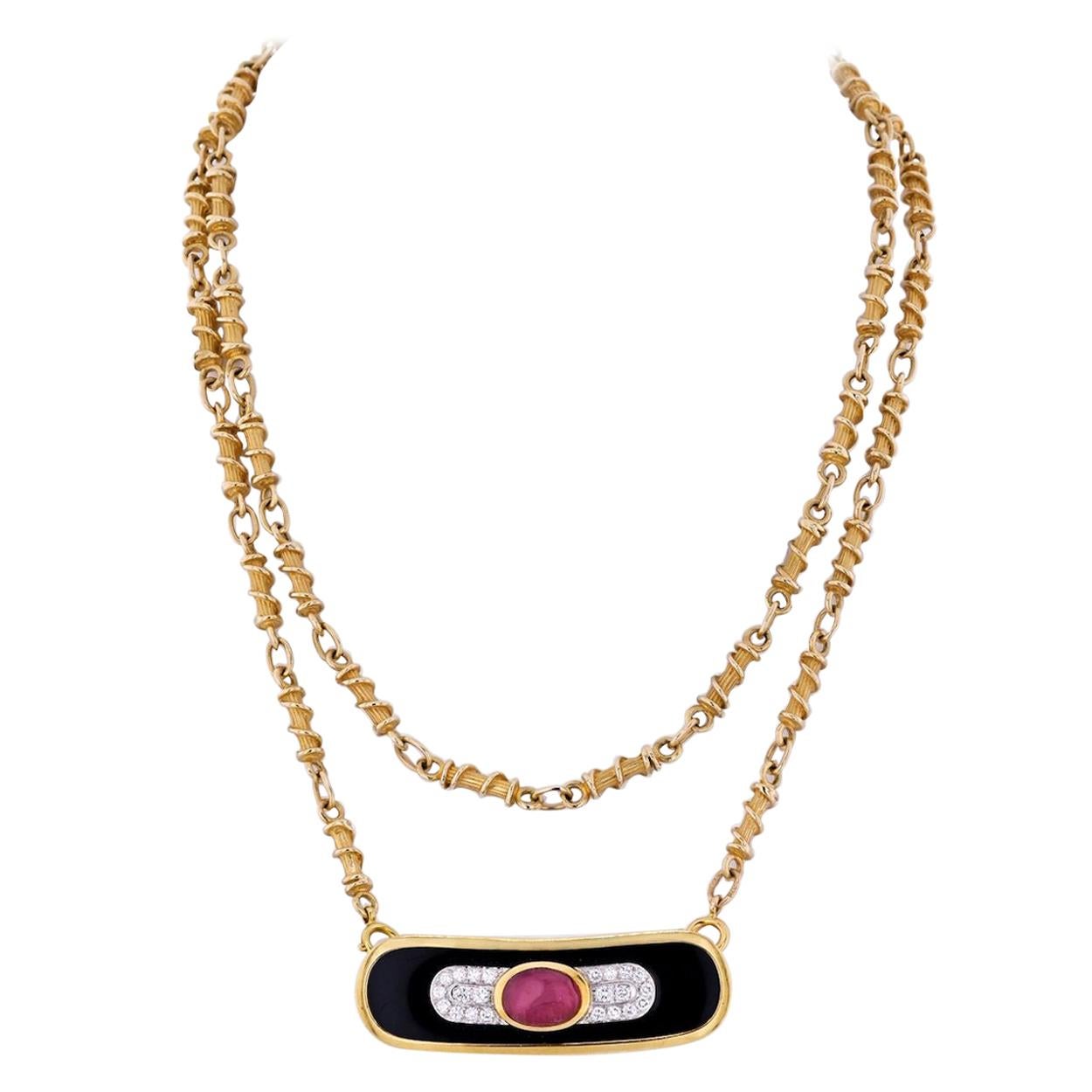 David Webb Yellow Gold Ruby, Diamond and Lacquer Pendant Necklace on Long Chain For Sale
