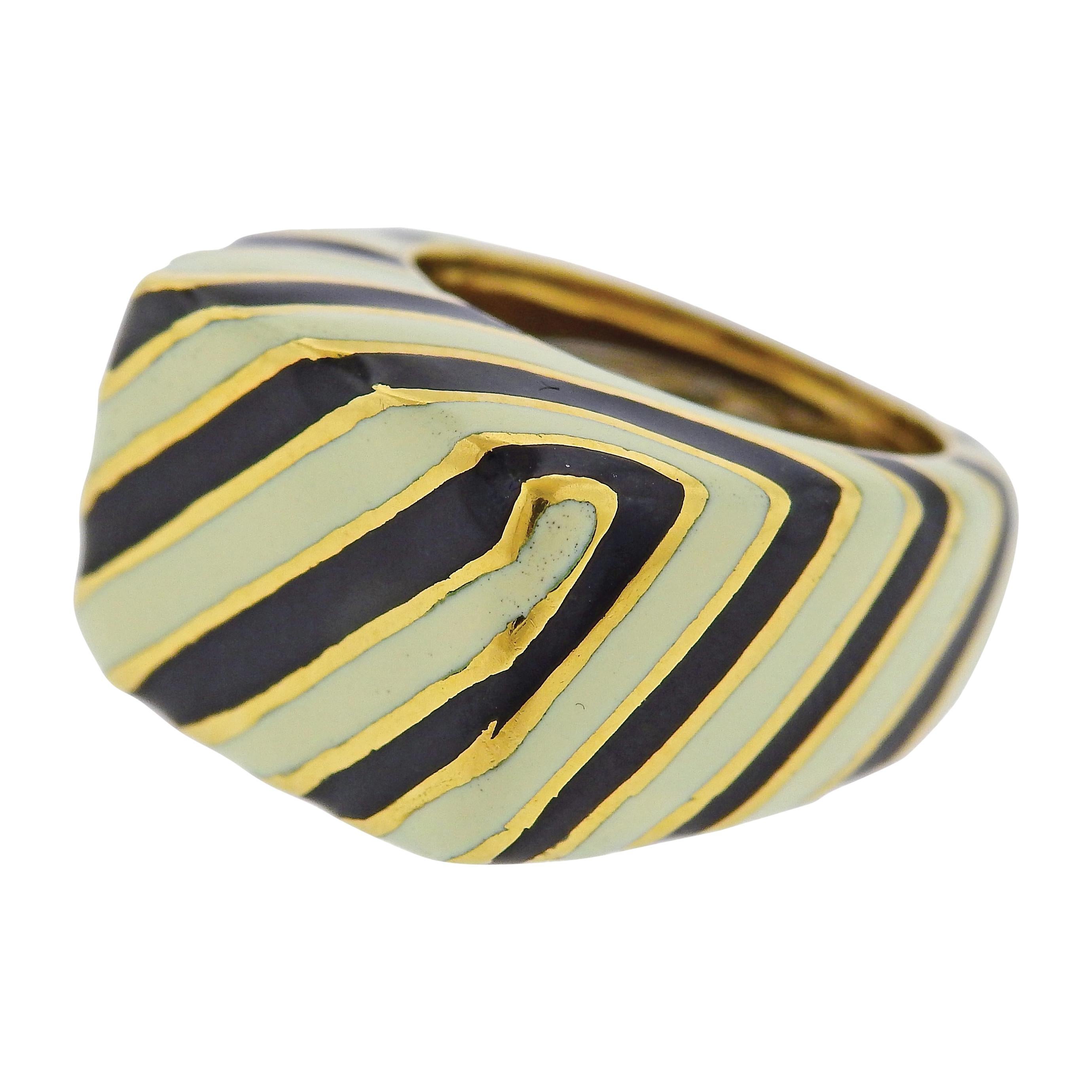 David Webb Zebra Enamel Gold Ring For Sale