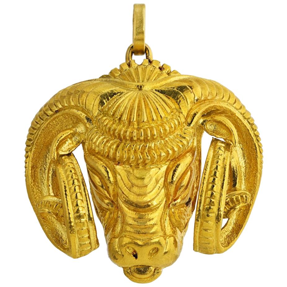 David Webb Zodiac Kingdom 18 Karat Yellow Gold Aries Ram Head Pendant For Sale