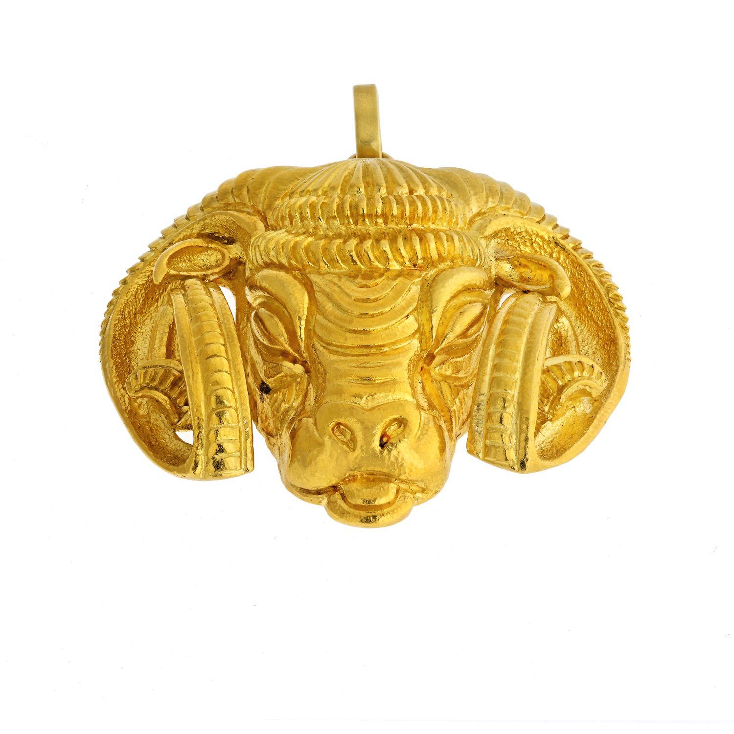 David Webb Zodiac Kingdom 18K Yellow Gold Gold Aries Ram Head Pendant. 
18k yellow gold fur pendant with foldable hinged bail, sculpted and as a Babylonian style ram head, Aries, 