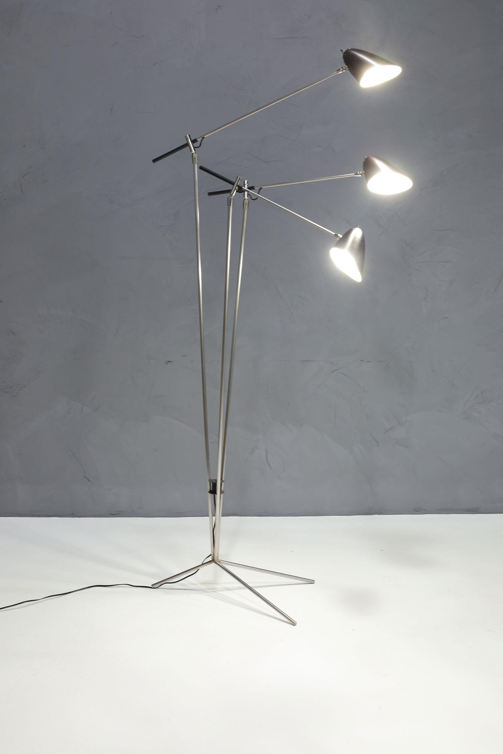 Aluminum David Weeks Three Arm Floor Lamp, Tripod Model 303 