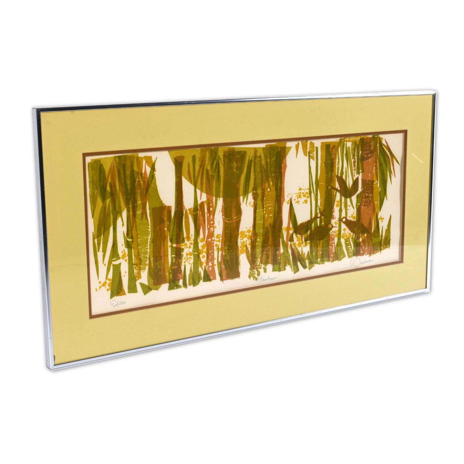 Original David Weidman (June 28, 1921 – August 6, 2014) signed serigraph entitled “Bamboo.” The image features a series of birds in bamboo. The tritone print is composed in dijon yellow, burnt orange, and green hues. Neatly bound with a pale yellow