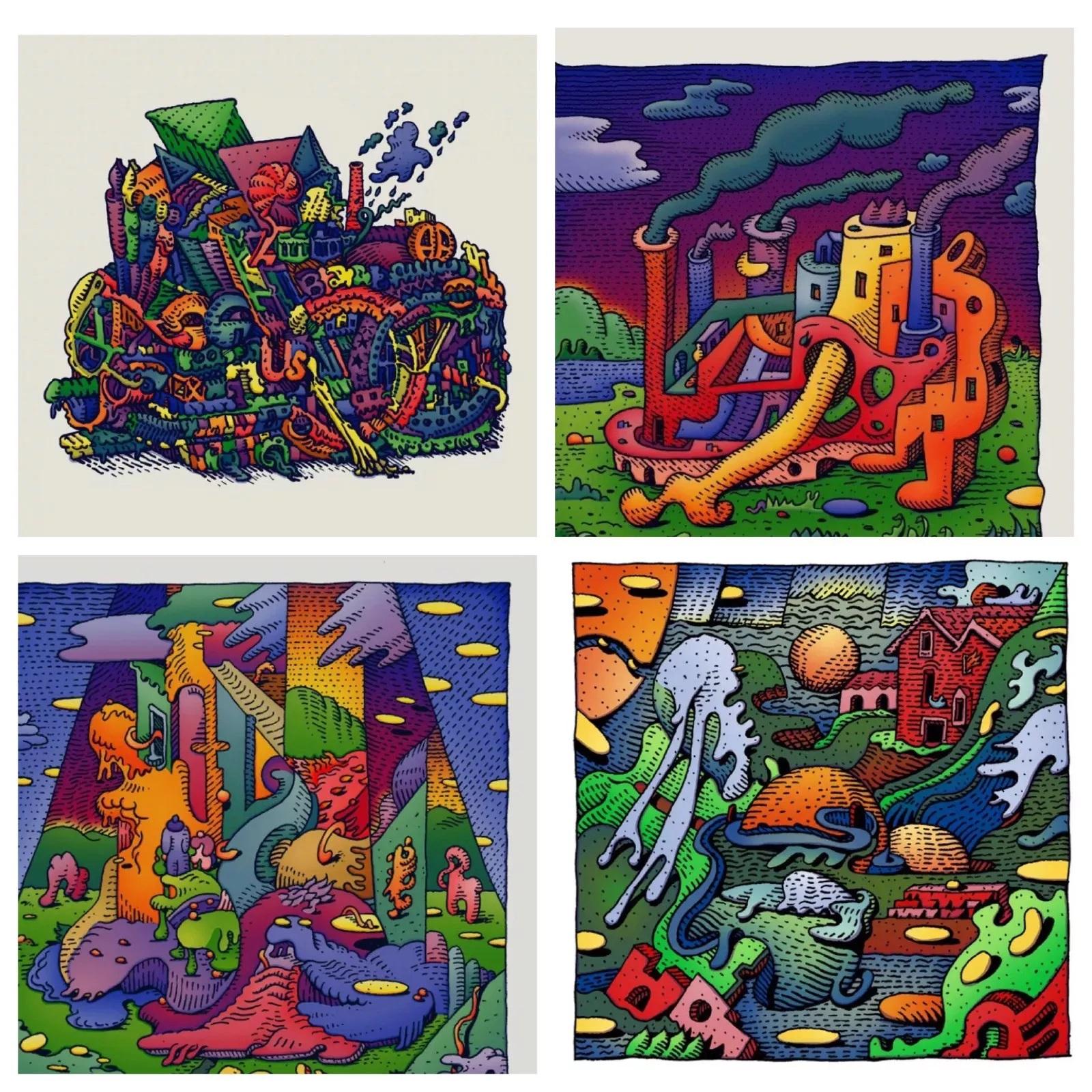 David Welker – Anthropomorphized Anomalies 4-Print Set
Limb Factory / New Neighbors / Lithosphere / Recycle Bin
Signed & Numbered – Mint Condition – Edition of 120 Each

From the brilliantly imaginative world of David Welker comes this complete and