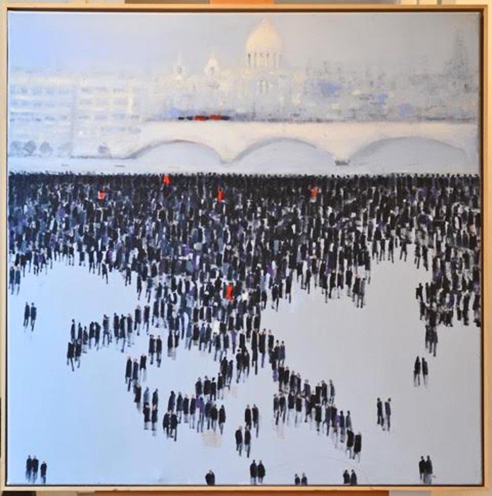 Blackfriars, The City of London, blue and black original painting with people - Painting by David Wheeler