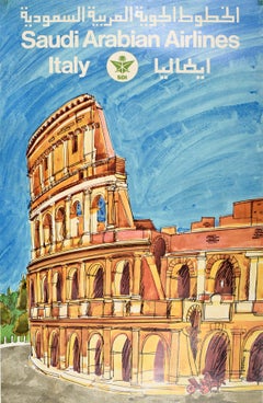 Original Retro Travel Poster Italy Saudi Arabian Airlines Coliseum Rome Saudia
