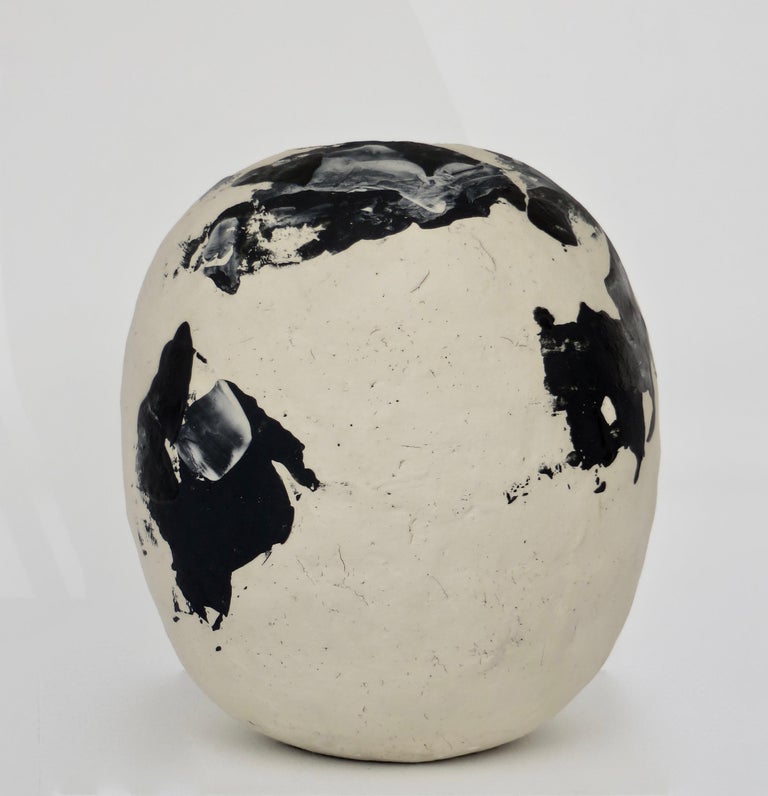 French David Whitehead Ceramic Artist White and Black Wood Fired Ceramic Vase La Borne  For Sale
