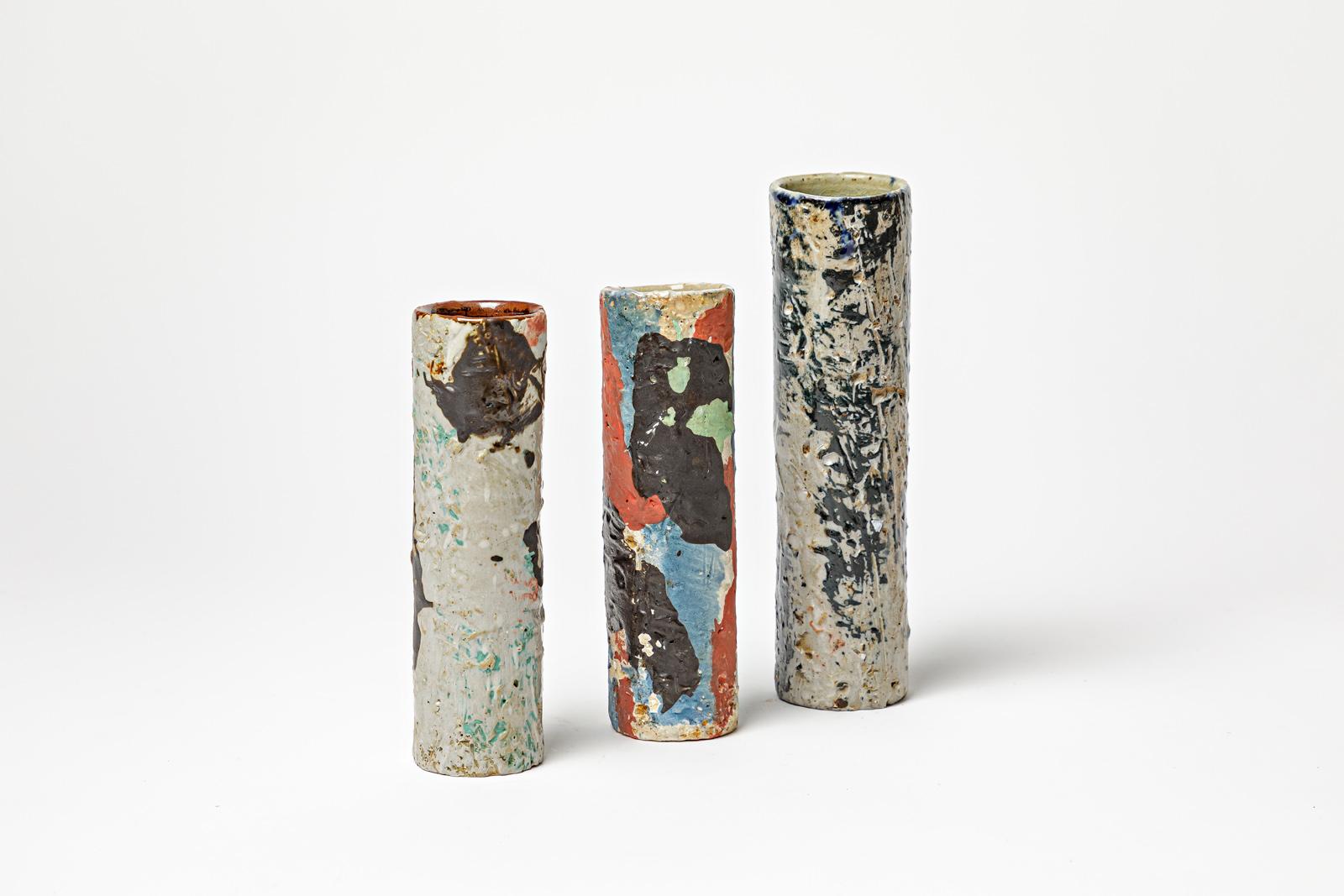 Modern David Whitehead La Borne set of three colored ceramics vases contemporary art  For Sale