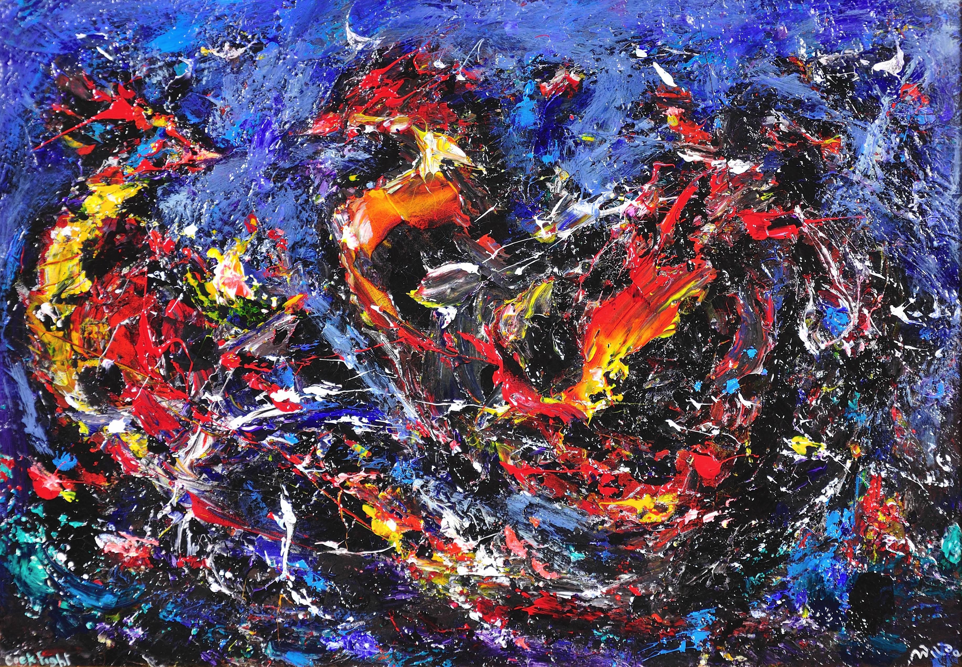 Schwanzkampf. Zwei kämpfende Vögel. Ein Aufstand der Aggression, der Männlichkeit  & Federn – Painting von David Wilde