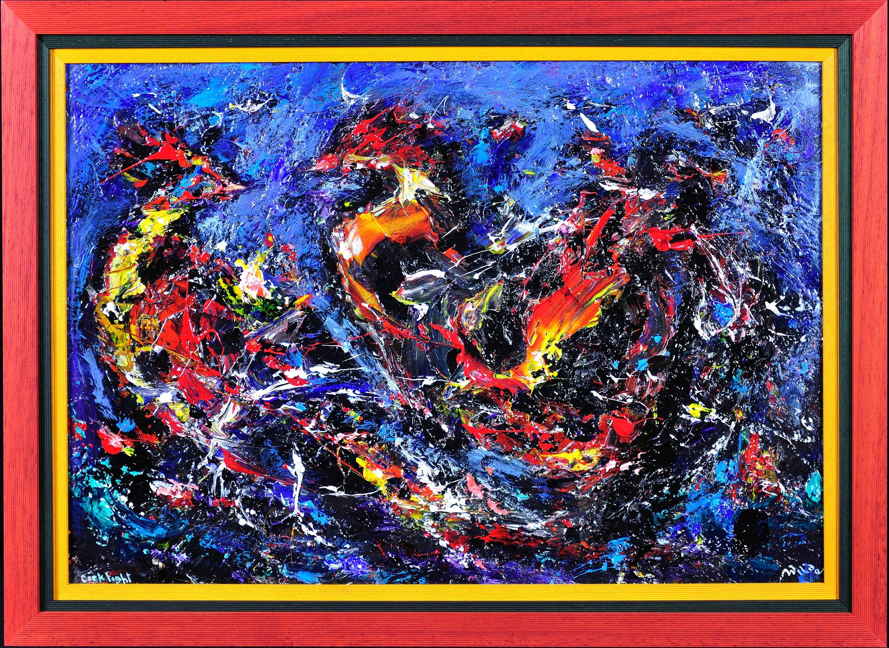 Pelea de gallos Dos pájaros de pelea Pintura al óleo impresionista enmarcada Original Impasto