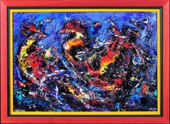 Combat de coqs Deux oiseaux de combat Peinture à l'huile impressionniste encadrée