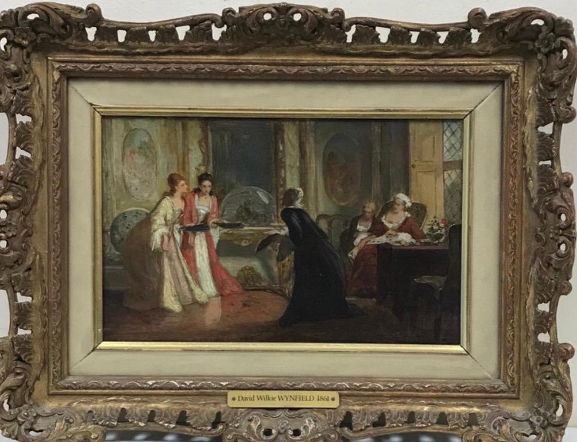 Belle peinture à l'huile britannique victorienne représentant des personnages élégants dans une somptueuse pièce d'intérieur - Painting de David Wilkie Wynfield