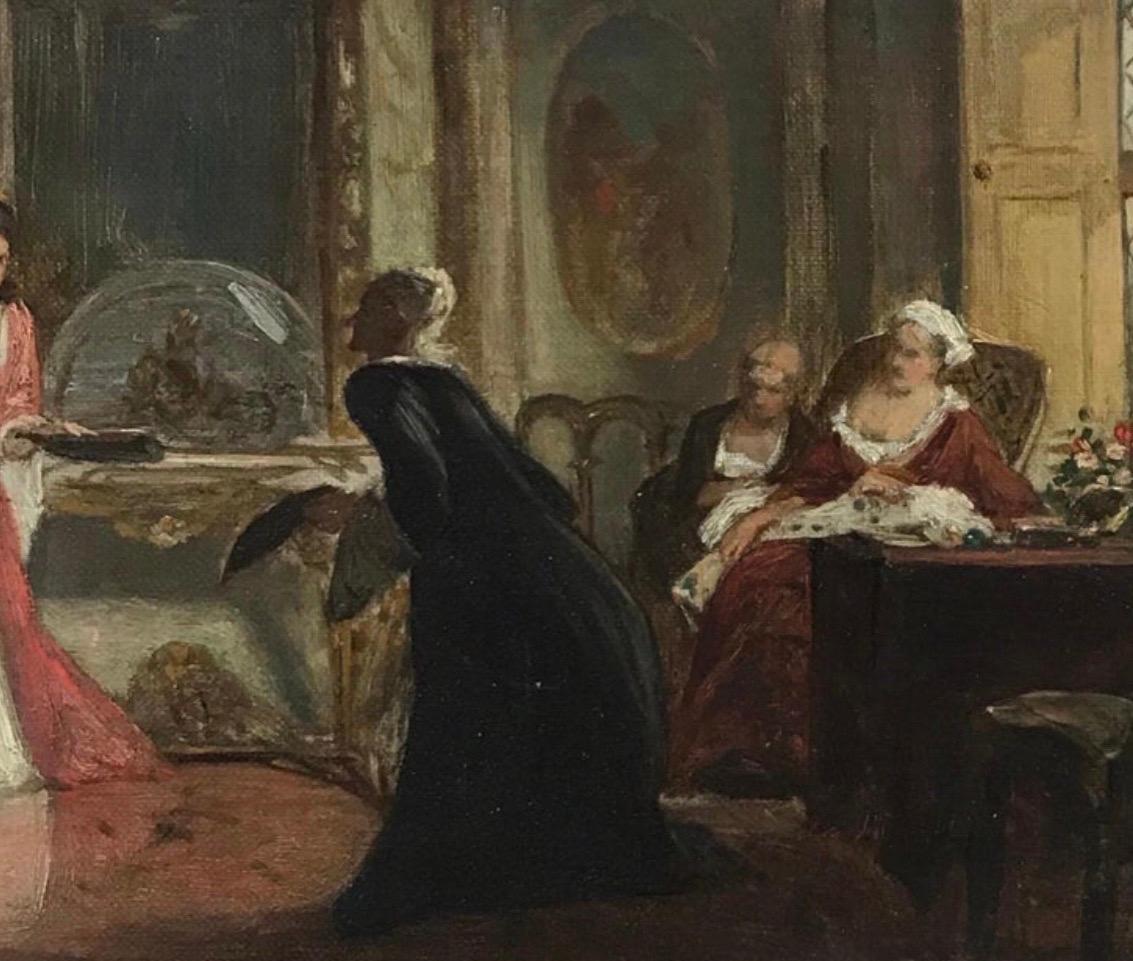 Belle peinture à l'huile britannique victorienne représentant des personnages élégants dans une somptueuse pièce d'intérieur - Victorien Painting par David Wilkie Wynfield