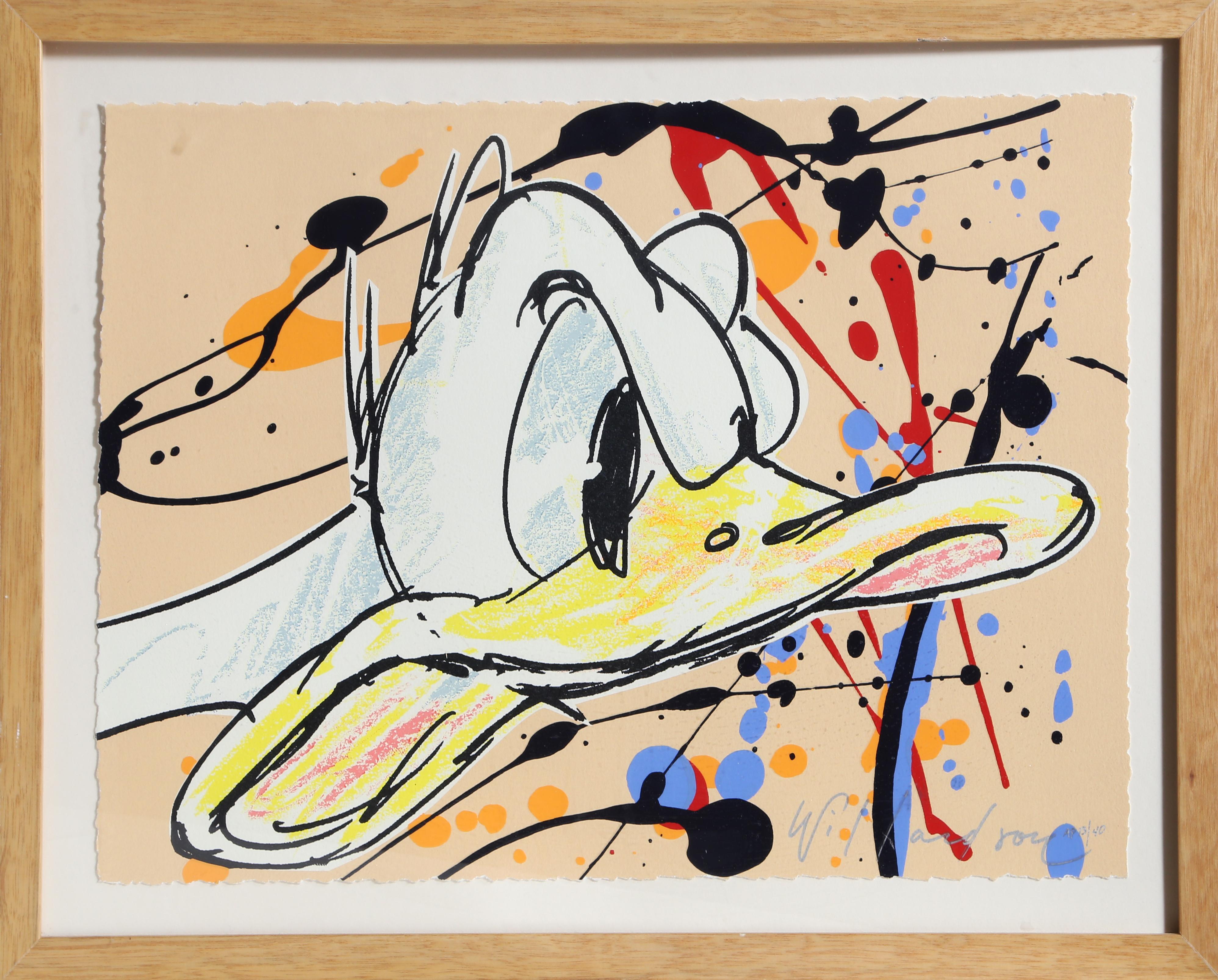Donald Duck mitten im Reden und Toben erwischt. Er ist im Stil einer unvollendeten Arbeitsskizze vor einem Hintergrund gezeichnet, der an die Gemälde des abstrakten Expressionismus von Jackson Pollock erinnert. Diese Lithographie ist vom Künstler
