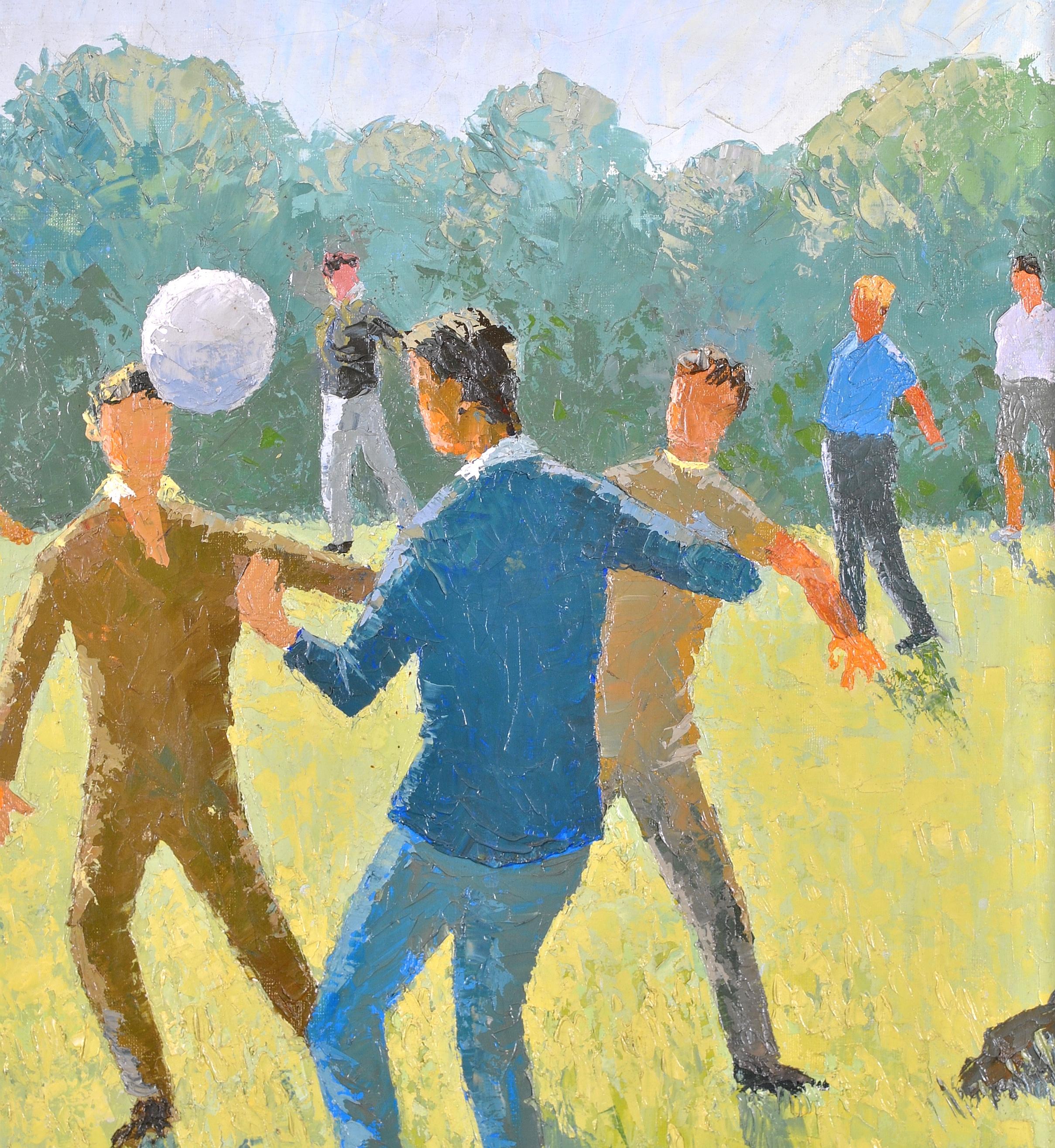 Football in the Park - Modern British Figurative Oil on Canvas Painting - Brown Figurative Painting by David William Burley