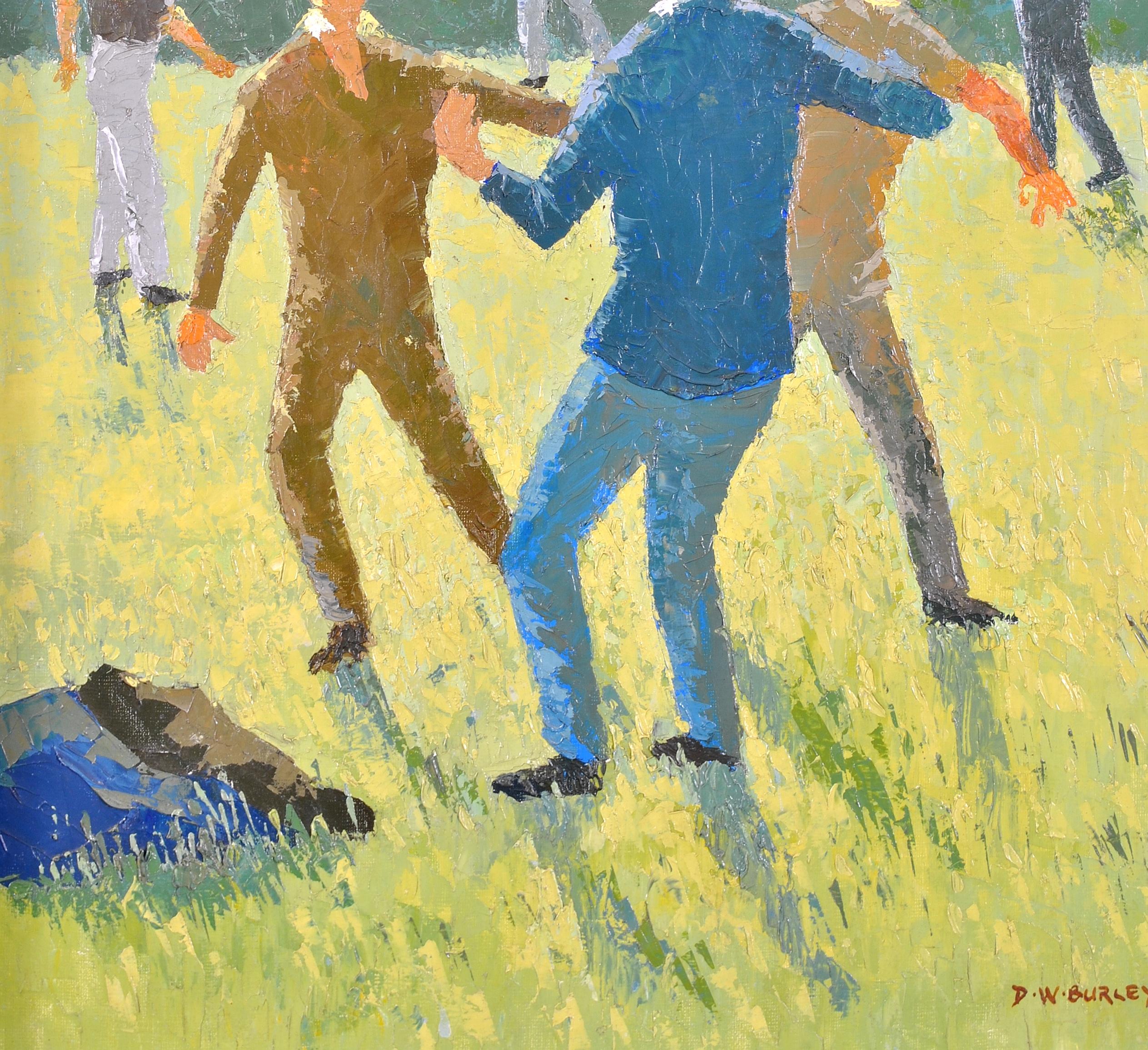 A beautiful oil on canvas which has been laid on board by the English artist David William Burley depicting a group of friends playing football in a park. Signed lower right and presented in a silver frame.

Born Greenwich, Burley trained at