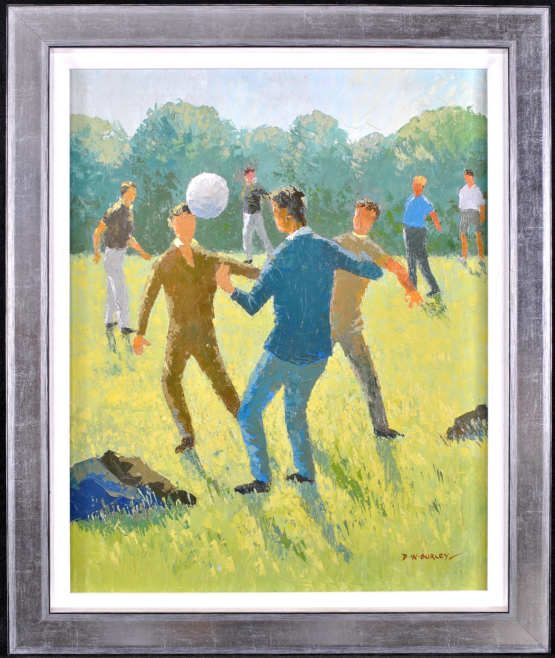 David William Burley Figurative Painting - Football in the Park - Modern British Figurative Oil on Canvas Painting