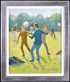 Vintage Football in the Park - Modern British Figurative Oil on Canvas Painting