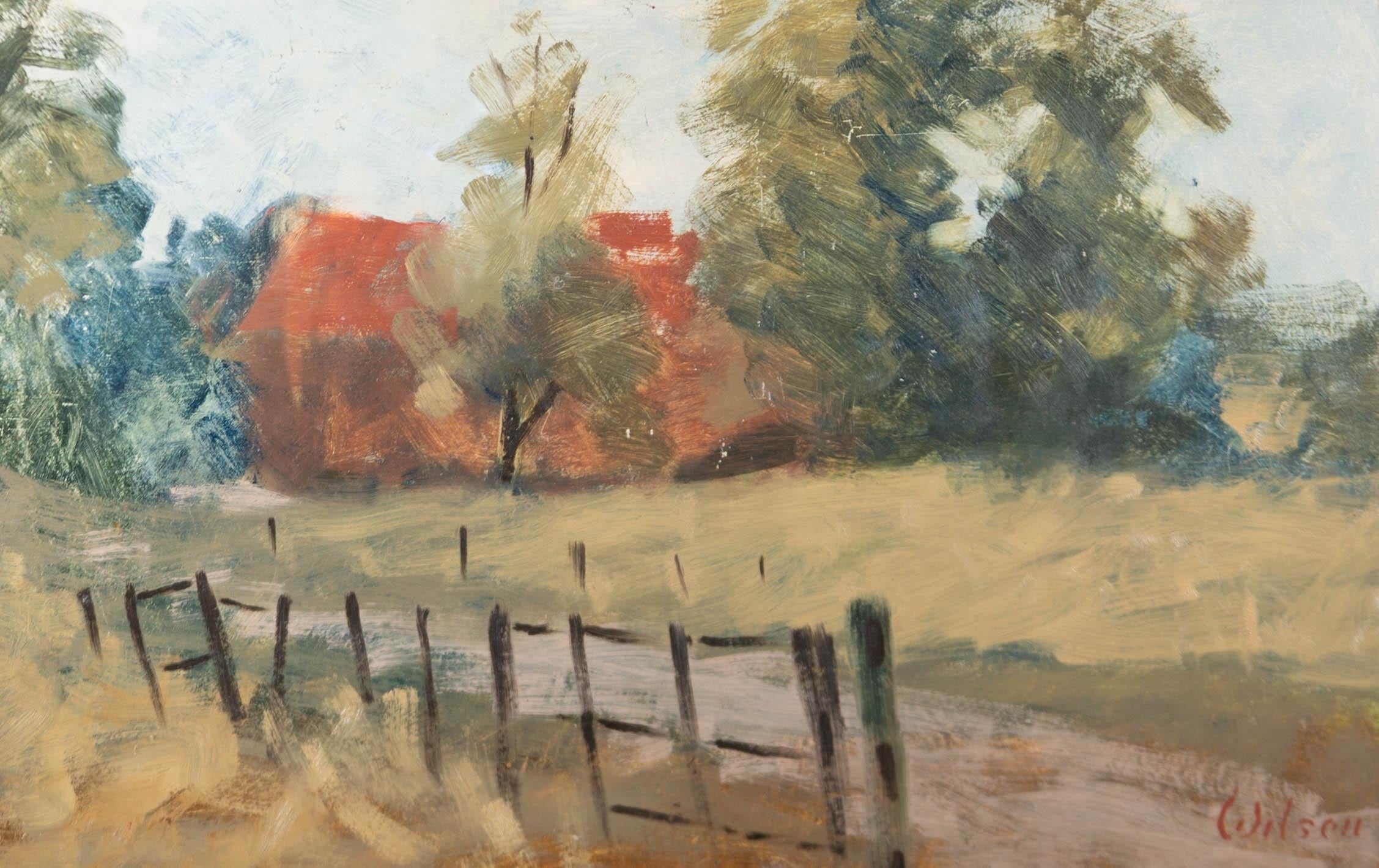 A fine expressive landscape study of a country lane by the British artist David Wilson. Signed. Inscribed on the reverse. On board.
