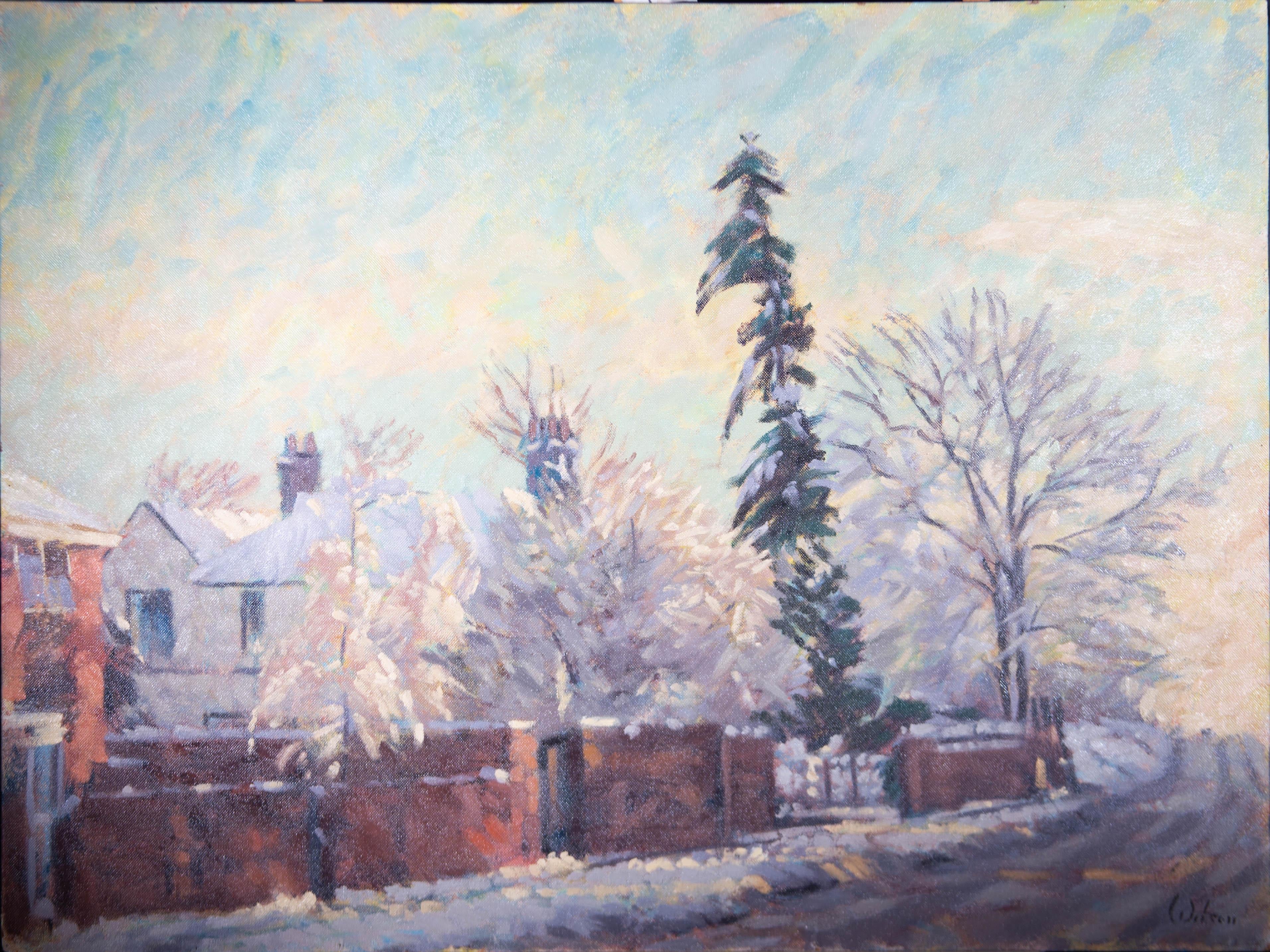 A pretty, Winter's scene showing a view of Watling Street, St Albans, in the snow. The artist has wonderfully captured the yellow light of a snowy late afternoon in England's winter.

The artist has signed to the lower right corner and the painting
