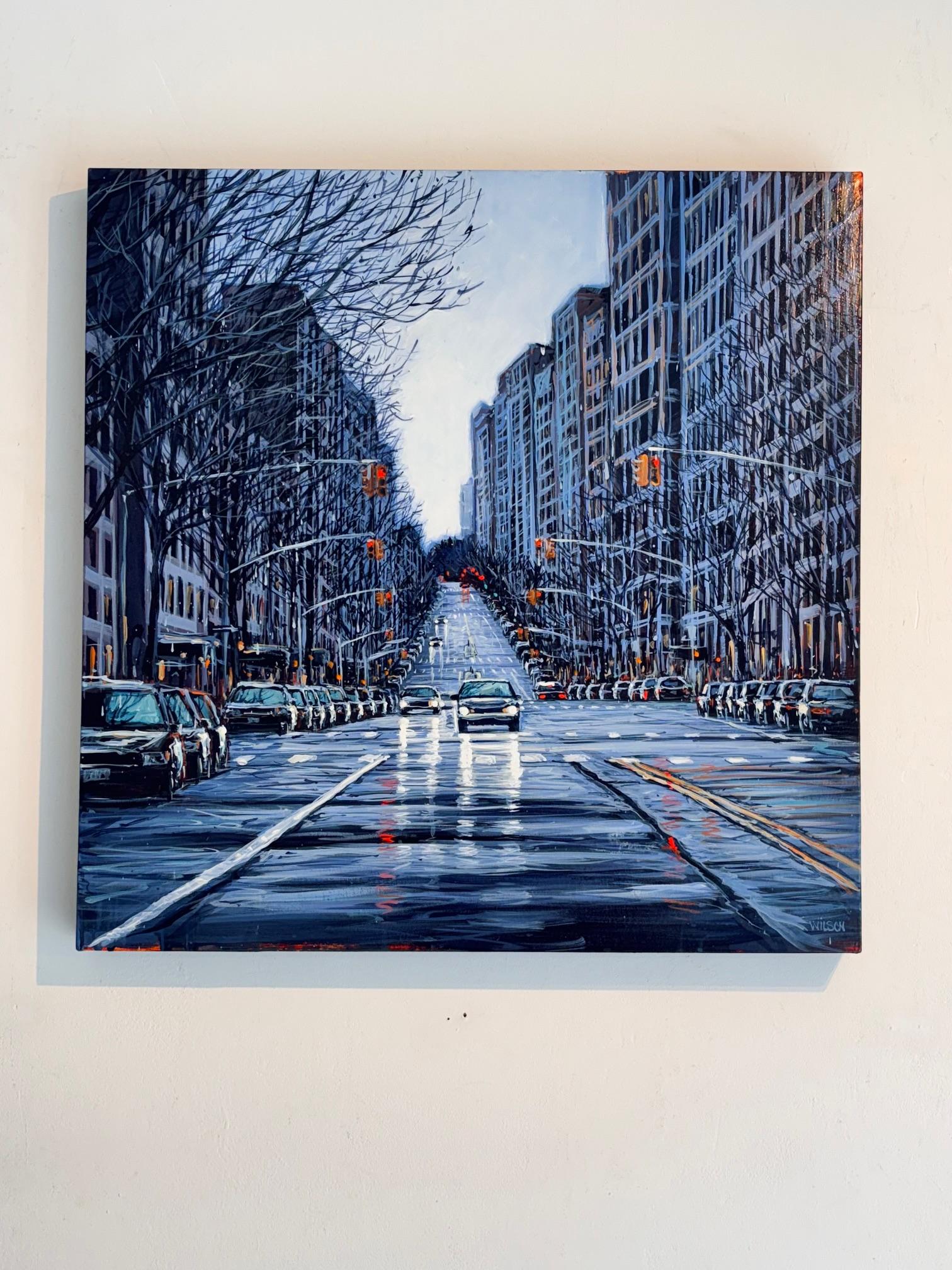 I'll Find You Later – original moderne impressionistische Stadtlandschaft Londons Gemälde-Kunst (Violett), Landscape Painting, von David Wilson