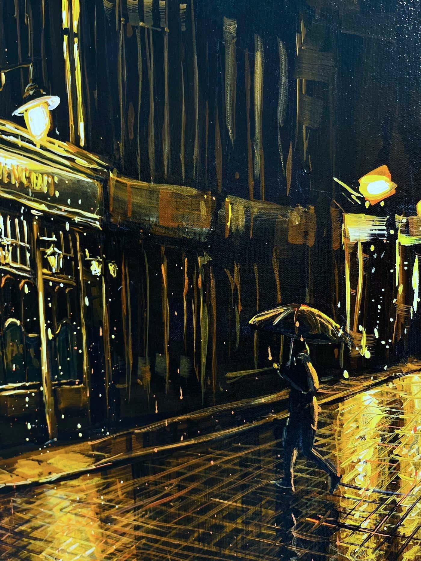 Più tardi di quanto dovrei essere - impressionismo originale - pittura di paesaggi urbani di Londra - Arte - Landscape Painting Nero di David Wilson