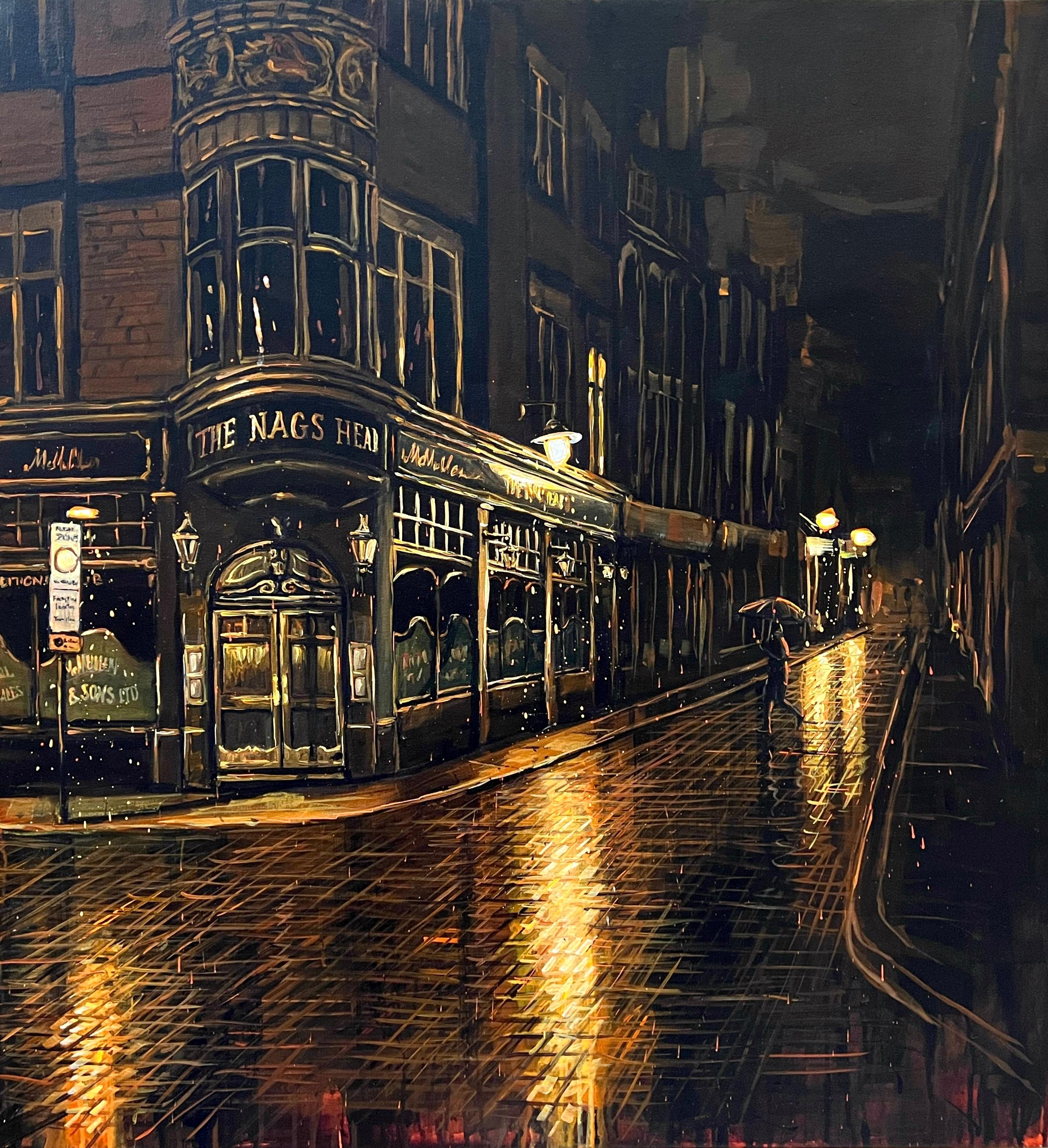 Landscape Painting di David Wilson - Più tardi di quanto dovrei essere - impressionismo originale - pittura di paesaggi urbani di Londra - Arte