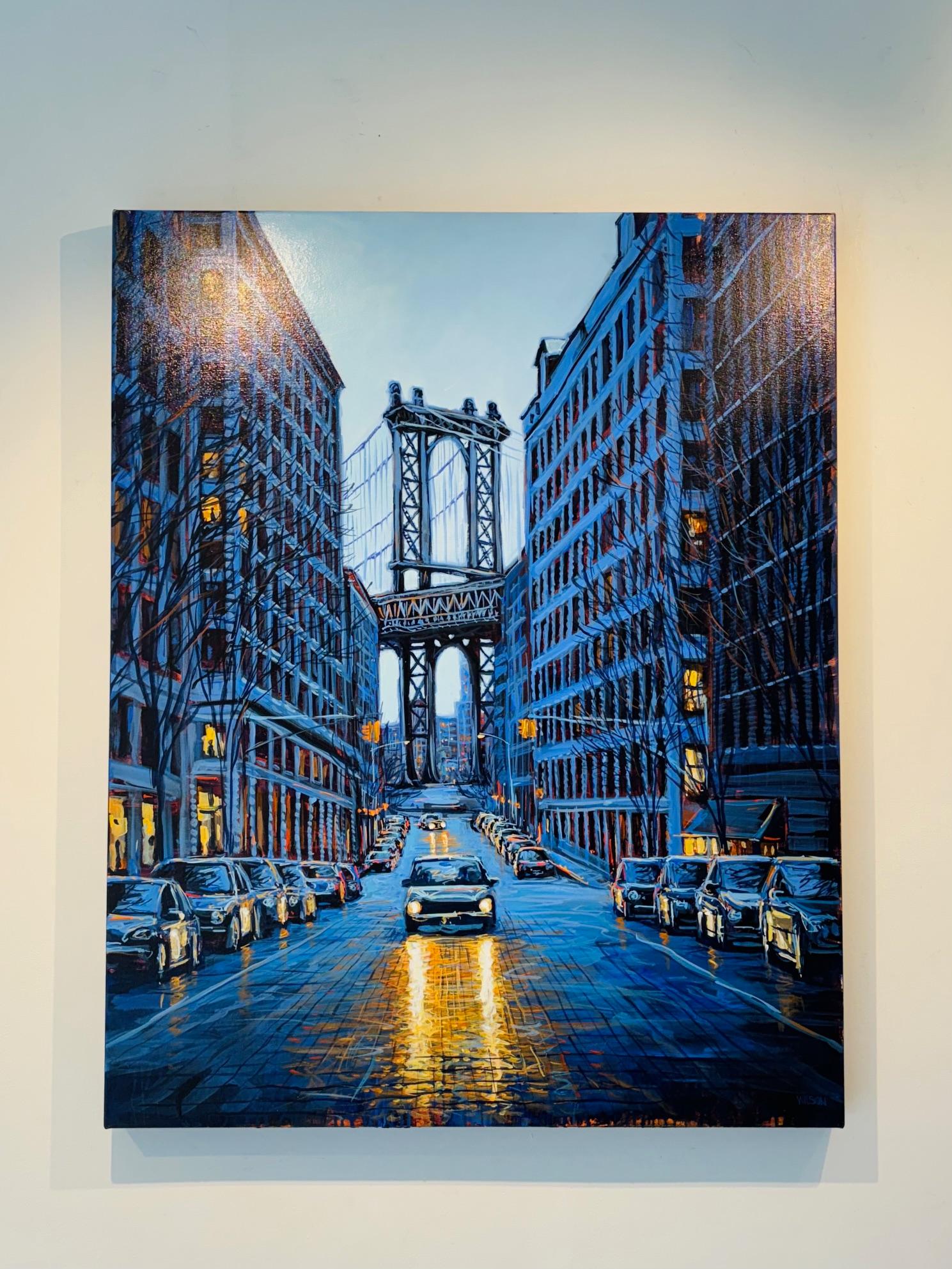 On The Way There-originale impressionistische NY Stadtbild Malerei - zeitgenössische Kunst (Violett), Landscape Painting, von David Wilson
