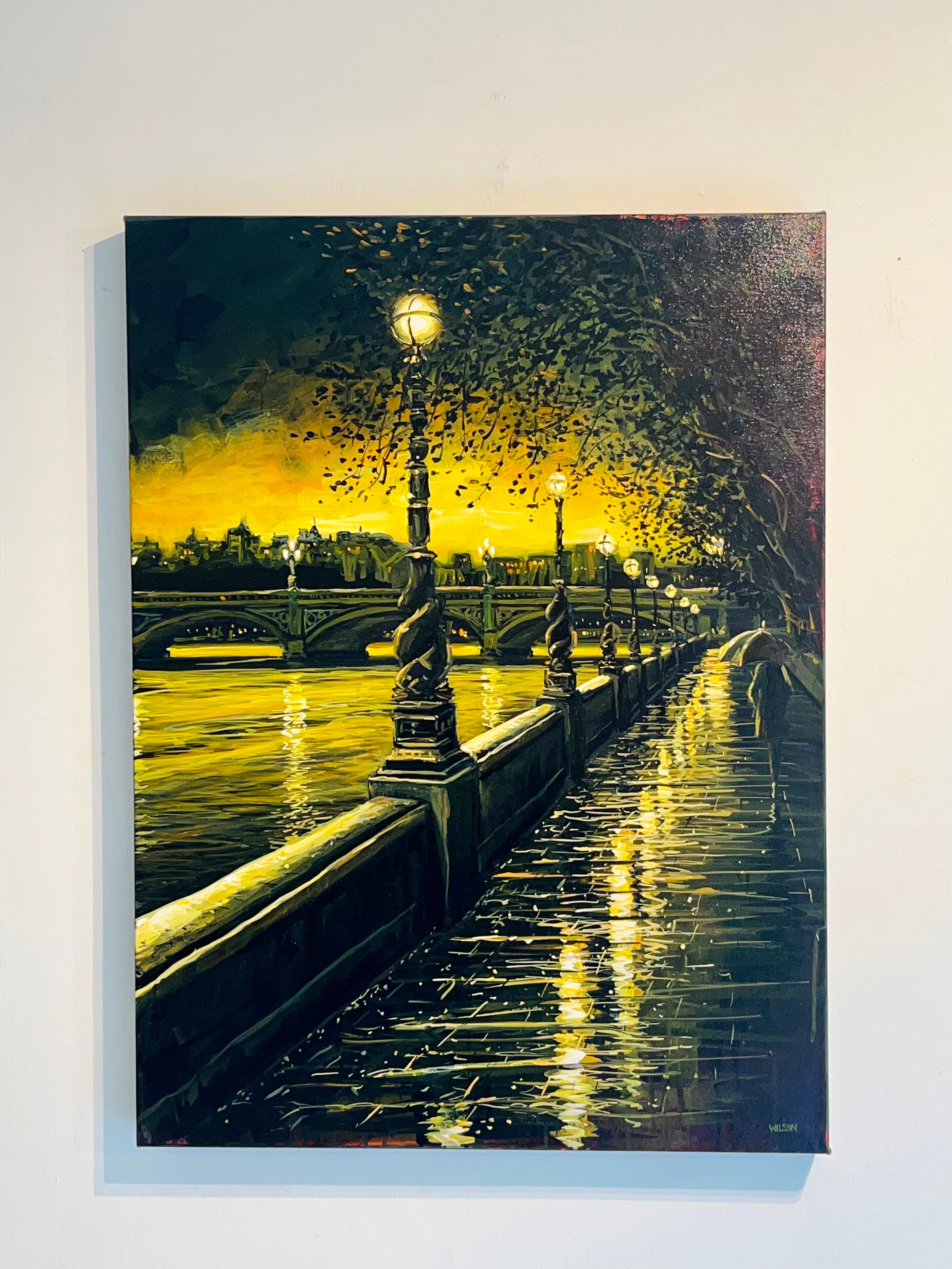 Il suono dell'acqua - opera d'arte paesaggio urbano strada londra pittura acrilica arte - Painting di David Wilson