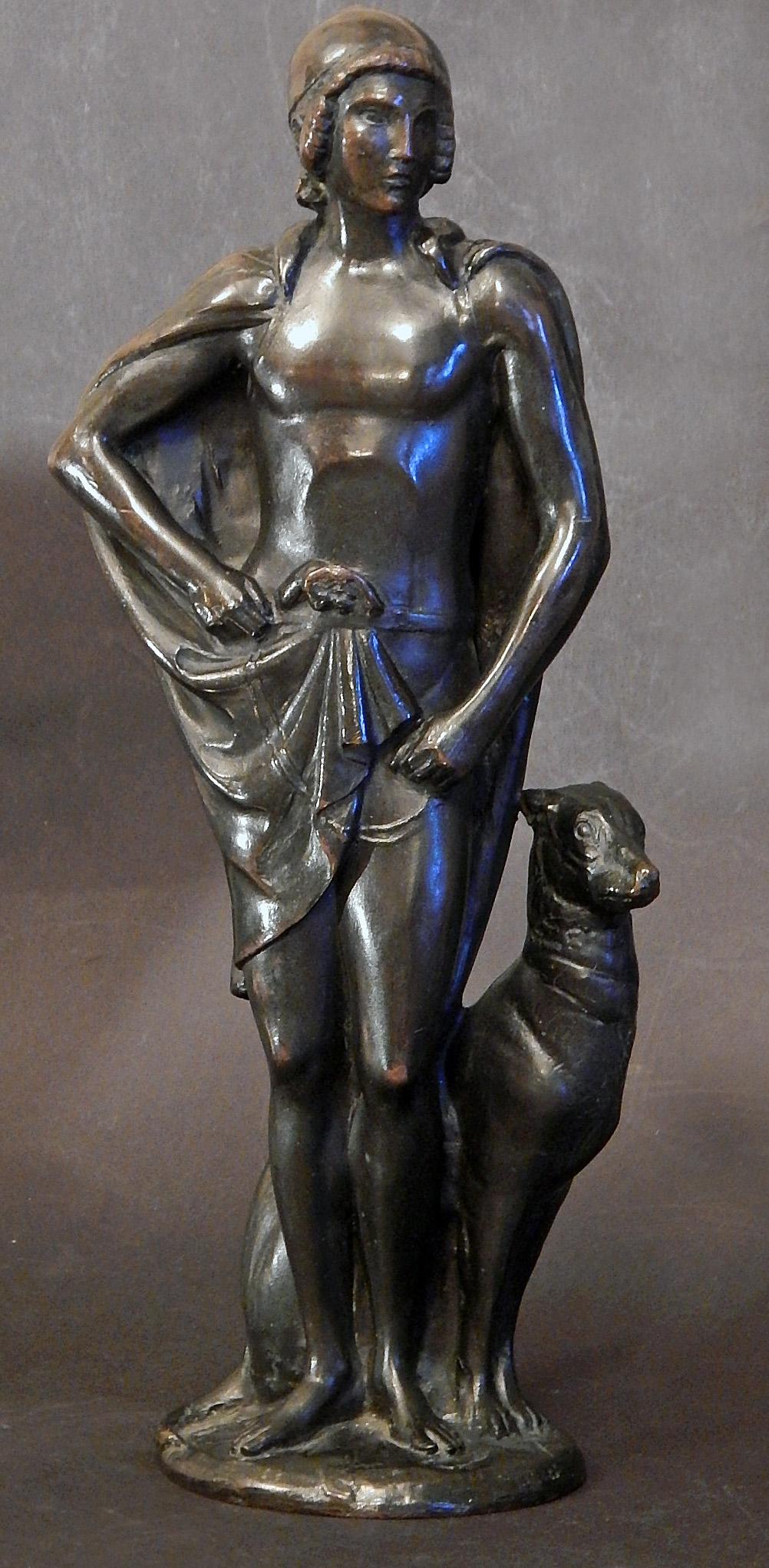 A dignified and poignant bronze by America's greatest sculptor of the 1910s, 1920s and 1930s, this unique piece by Paul Manship depicts young David in ancient Israel, with cape and Classical cap, standing in watchfulness near his flock of sheep.