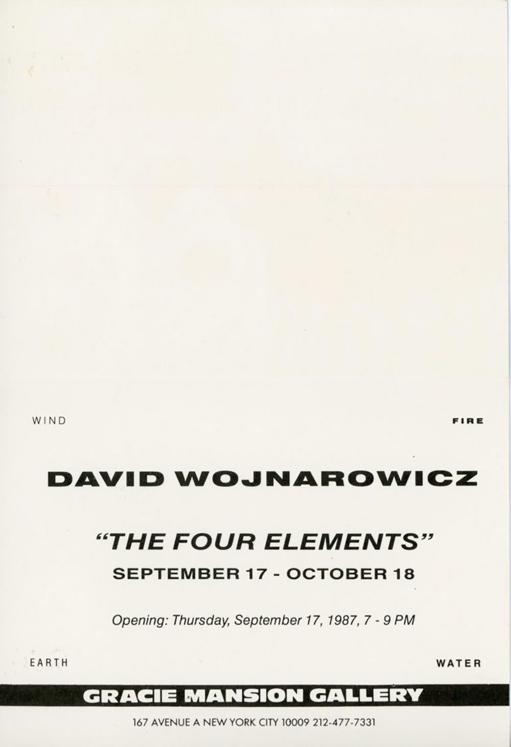 David Wojnarowicz’s The Four Elements at Gracie Mansion Gallery, New York, 1987. 

Offset printed announcement card; approximately 6x8 inches (folded closed).
Good overall vintage condition.
Unsigned from an edition of unknown.
Front image: David