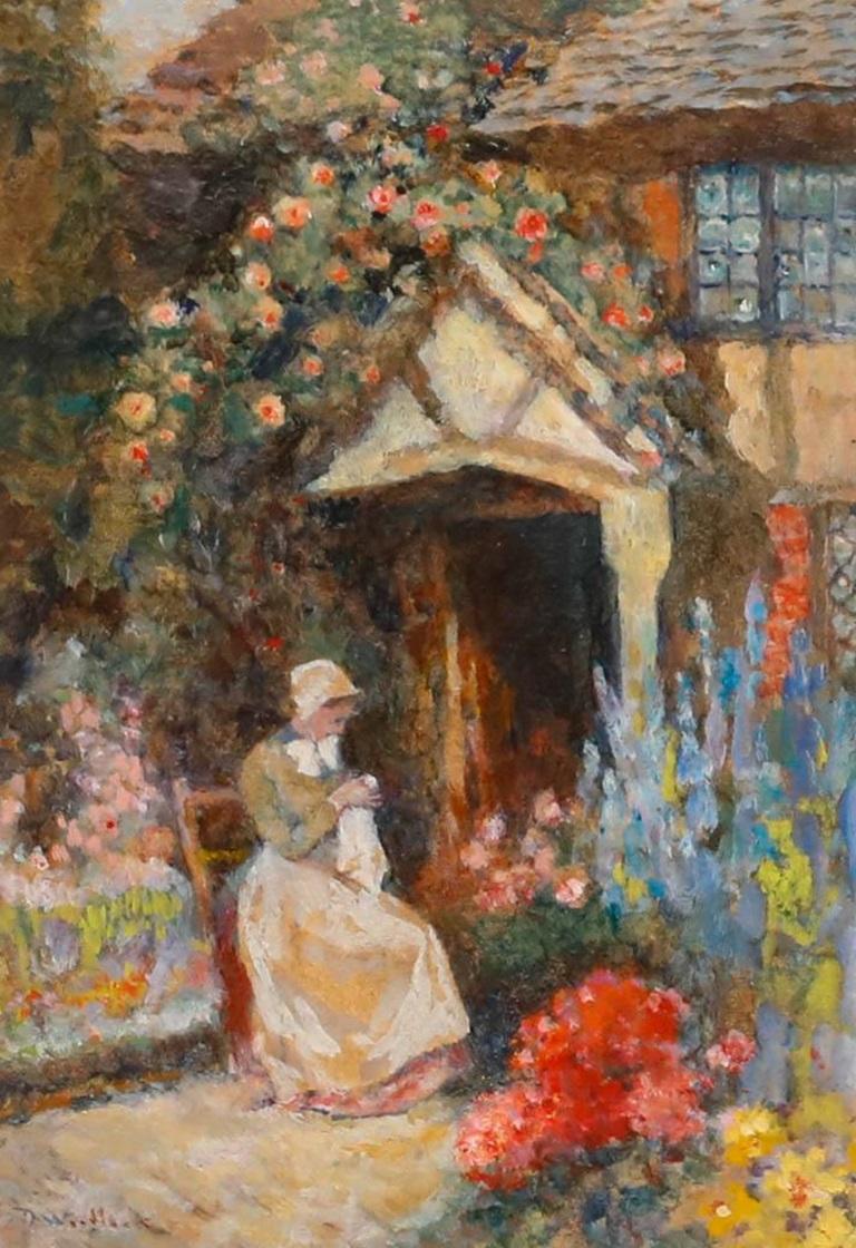 David Woodlock (1842-1929)  - Late 19th Century Oil, Sewing Amongst the Flowers For Sale 1