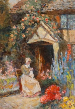 David Woodlock (1842-1929)  - Olio della fine del XIX secolo, Cucito tra i fiori