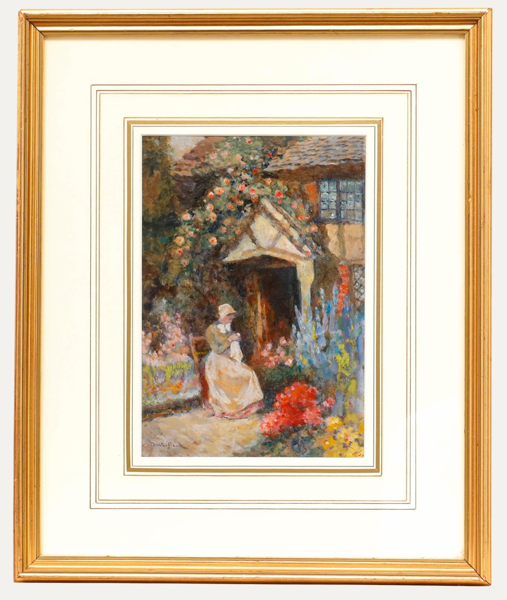 An Impressionist late 19th-century scene by David Woodlock (1842–1929), depicting a Victorian lady sewing on a flower-filled porch in full bloom. Signed to the lower left. Well presented behind glass in a gilt frame with a washline mount. On card. 