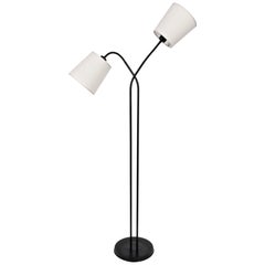 David Wurster Black Cross Arm Gooseneck Floor Lamp with Two White Shades, 1950s