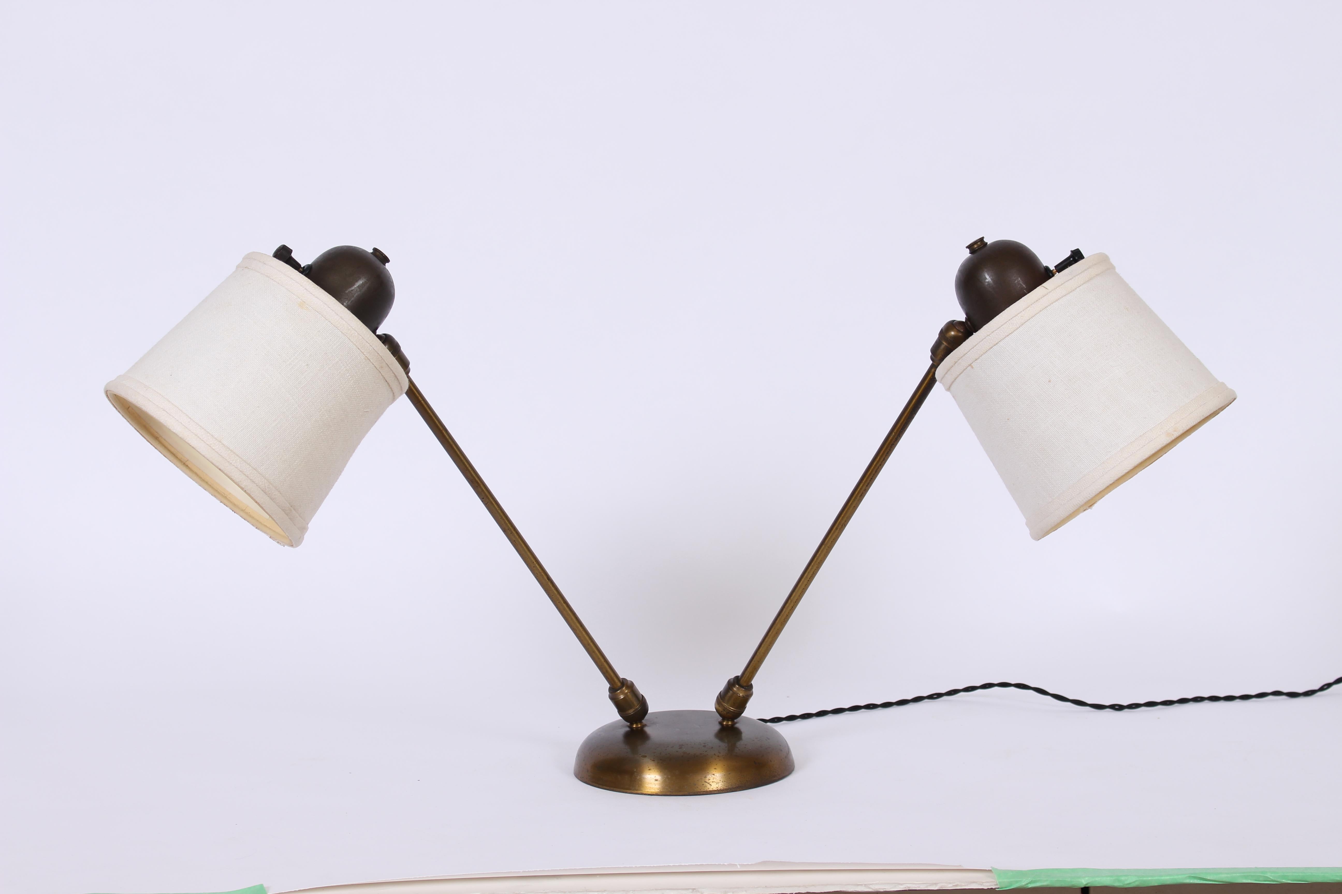 David Wurster Double Head Brass Desk Lamp with Barrel Shades, C. 1950 For Sale 1