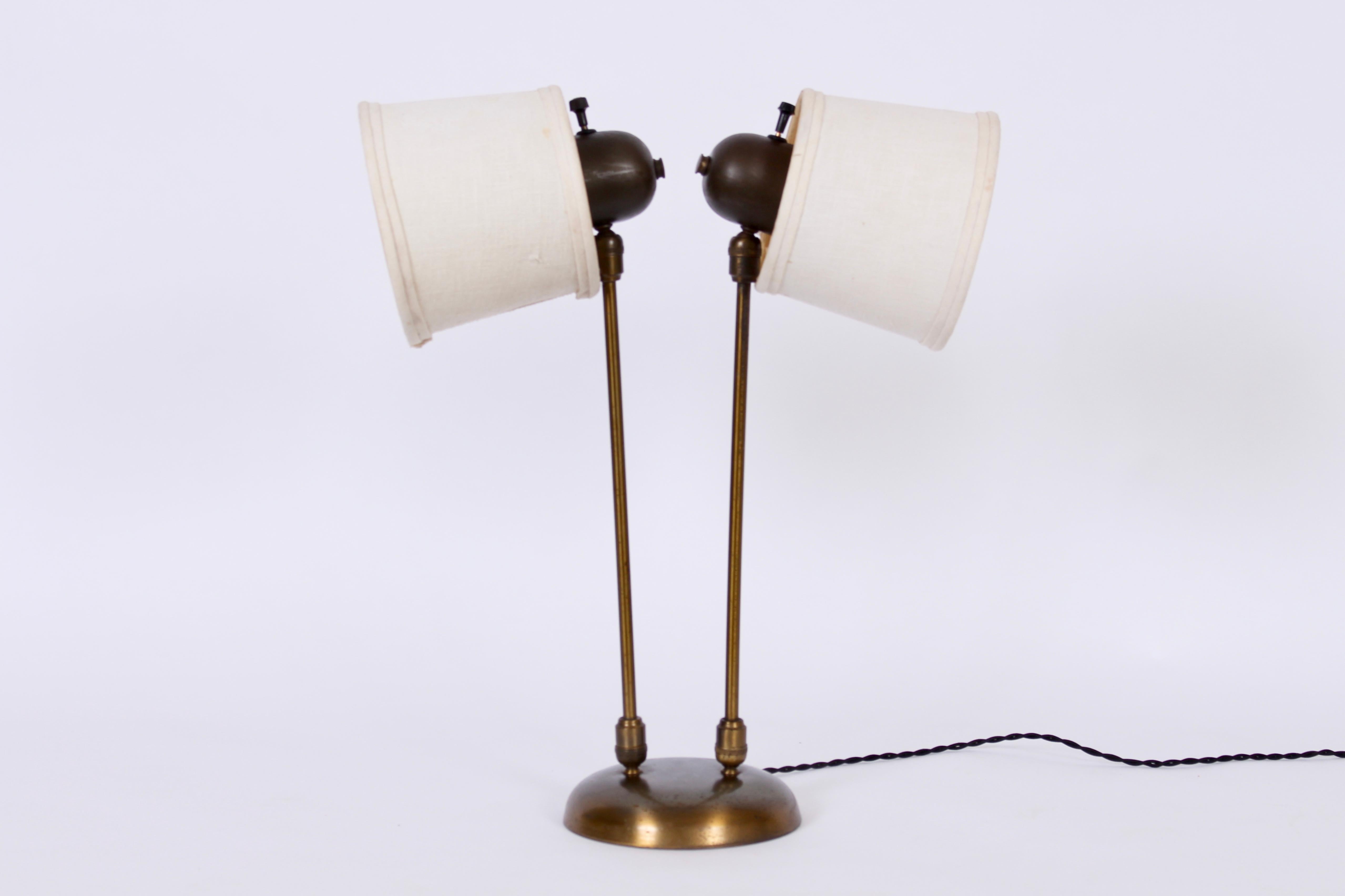 David Wurster Double Head Brass Desk Lamp with Barrel Shades, C. 1950 For Sale 2