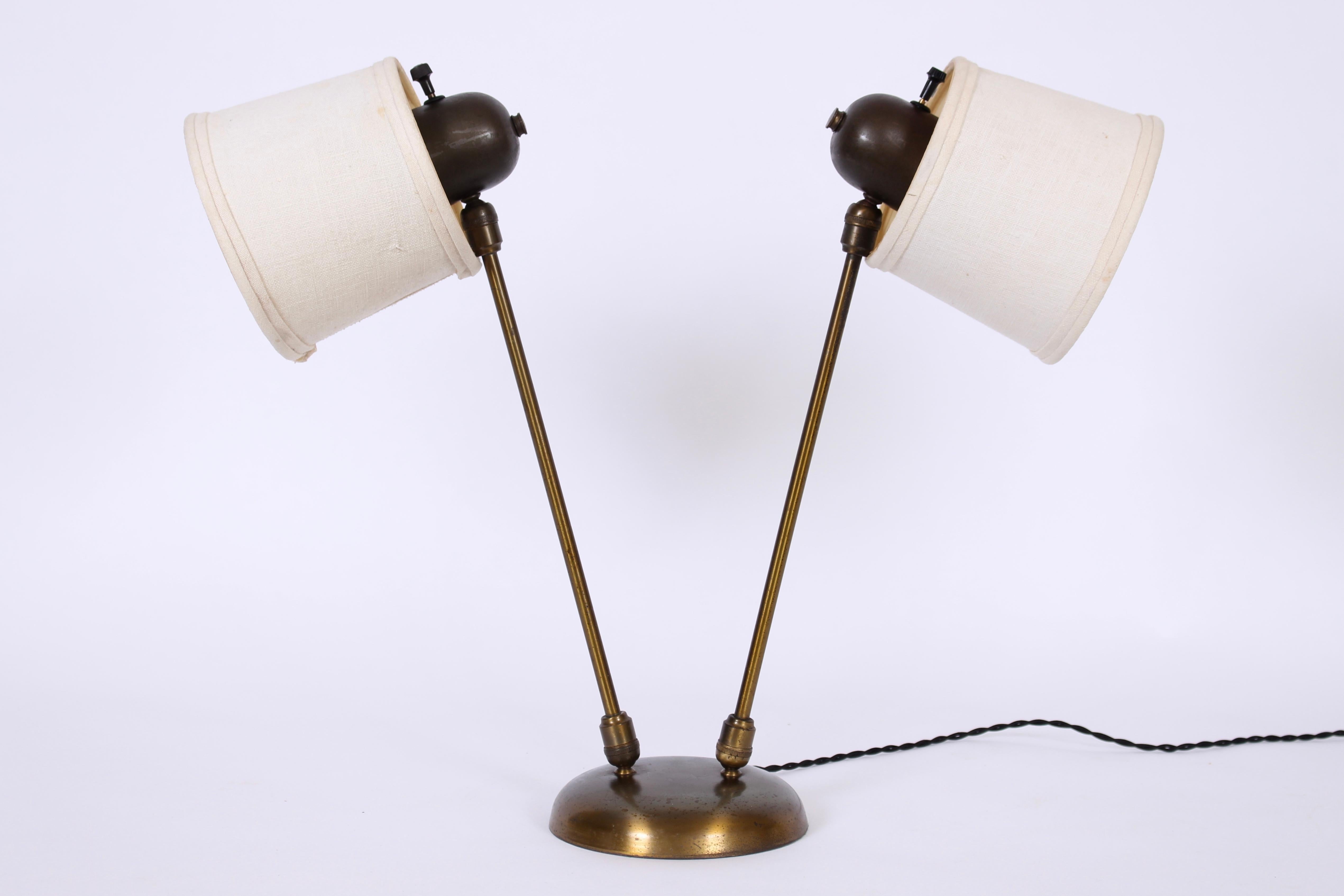 David Wurster Double Head Brass Desk Lamp with Barrel Shades, C. 1950 For Sale 3