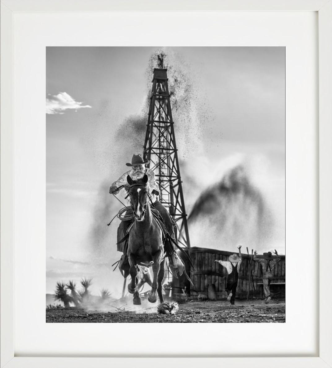 'Black Gold' - Man galopping in front of an oil farm, fine art photography, 2023 For Sale 1