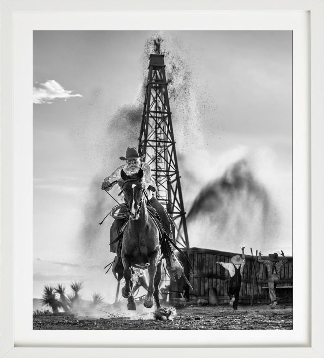 'Black Gold' - Man galopping in front of an oil farm, fine art photography, 2023 For Sale 3