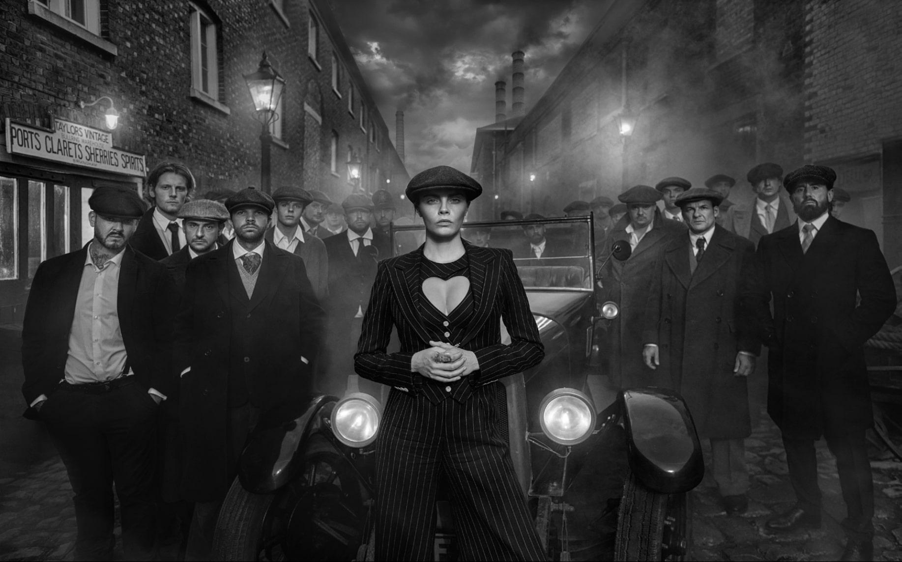 David Yarrow Black and White Photograph - By order of the Peaky Blinders - Cara in the role of Thomas Shelby, 2023