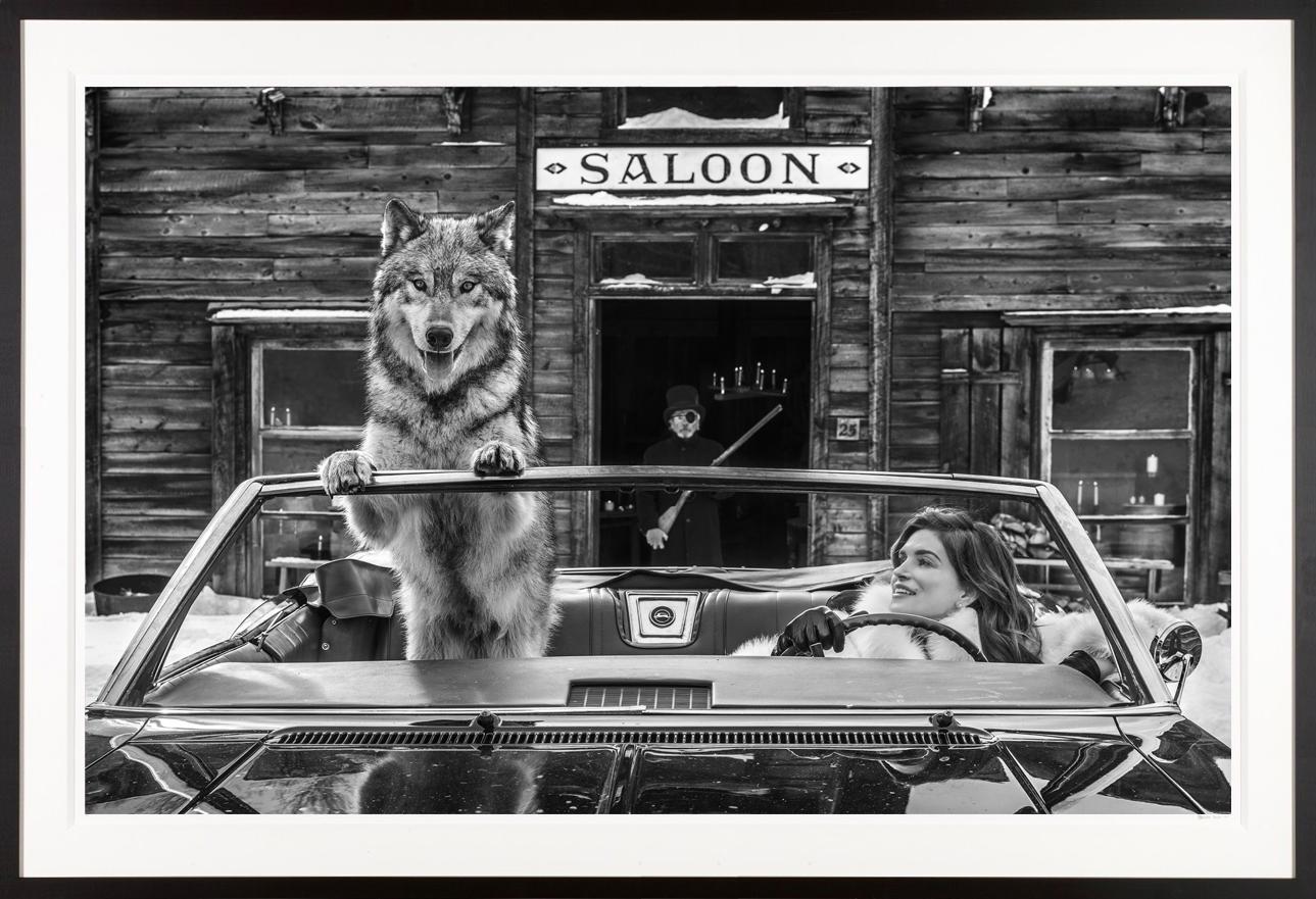 David Yarrow Nude Photograph - "Cindy's Shotgun Wedding" Sexy Cindy Crawford in Vintage Car with a Wolf