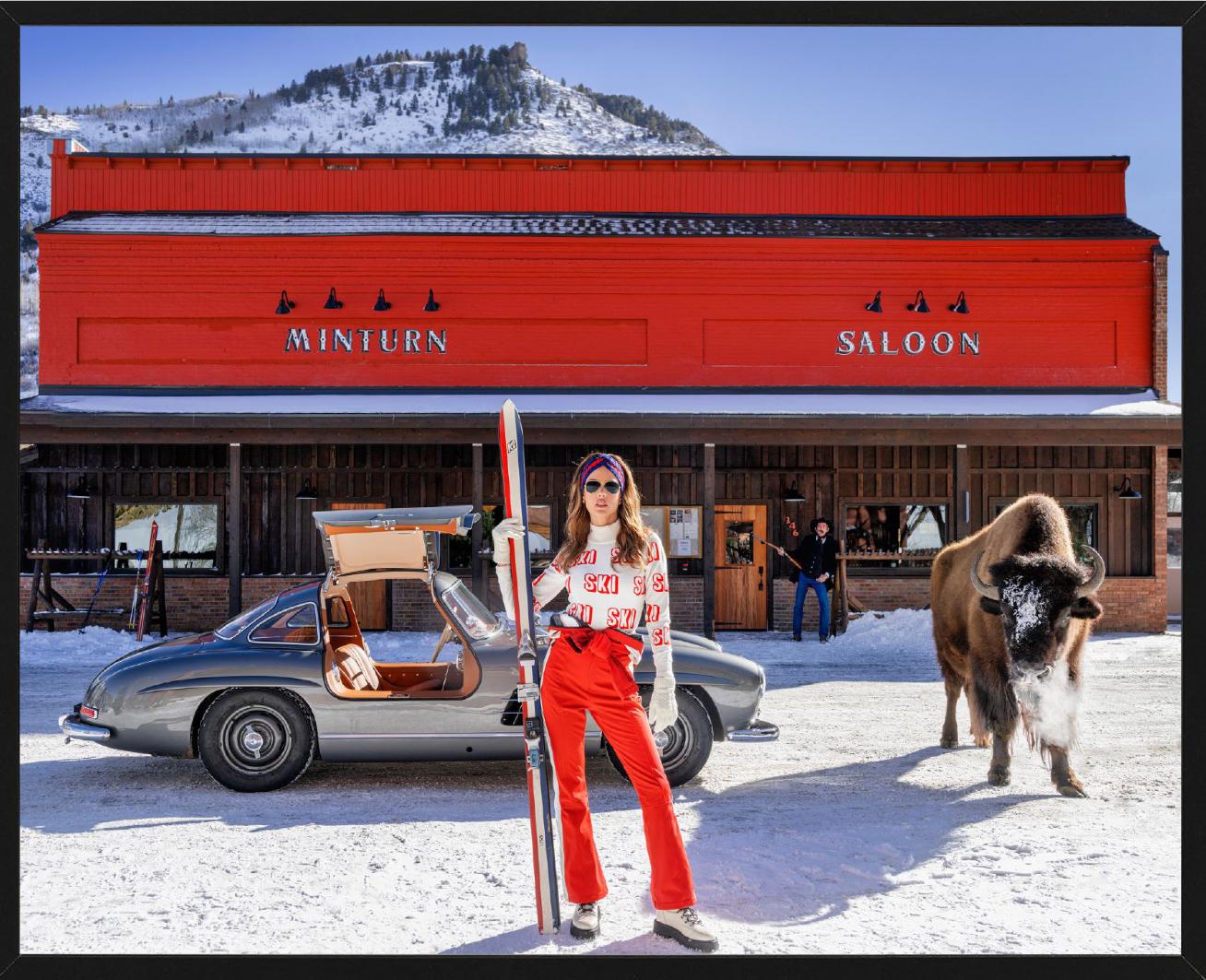 Code Red - Model and Buffalo in front of red Saloon, fine art photography, 2024 For Sale 1