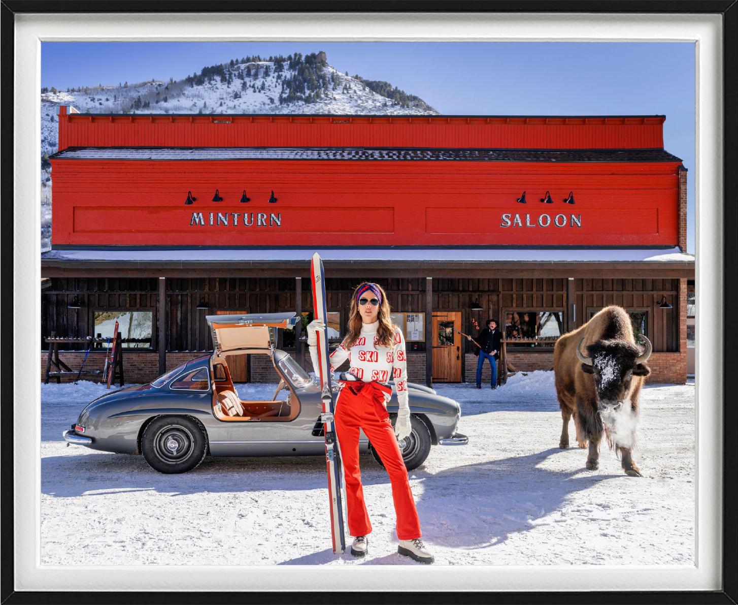 Code Red - Model and Buffalo in front of red Saloon, fine art photography, 2024 For Sale 2