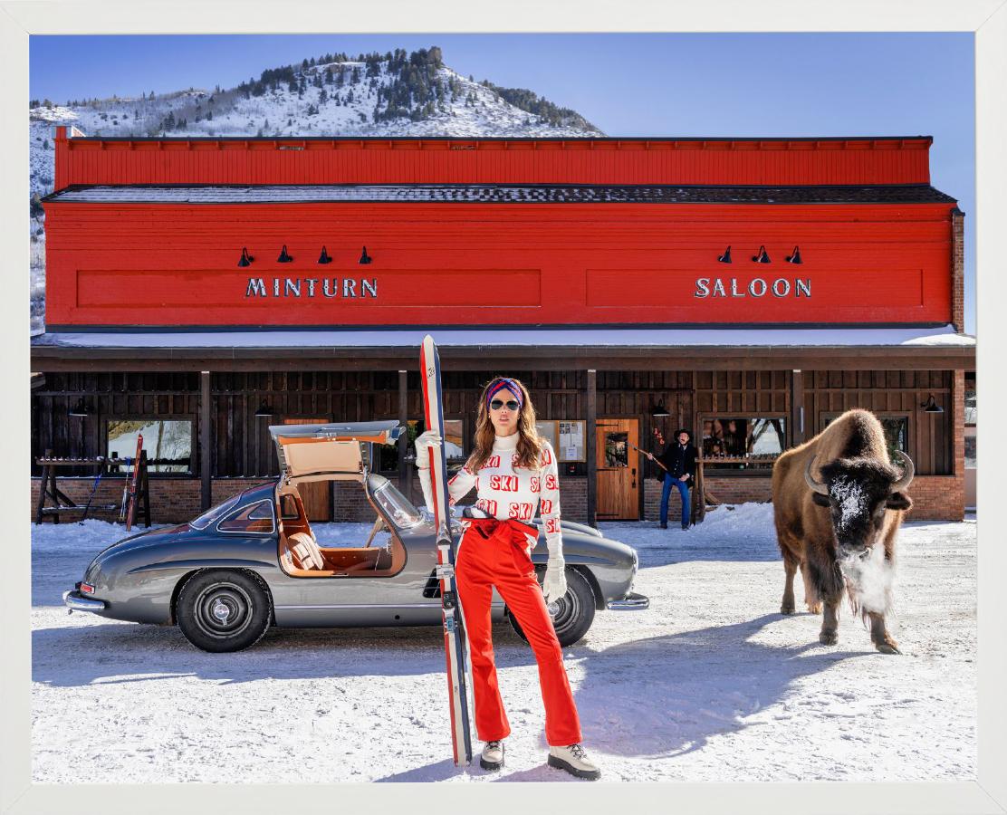 Code Red - Model and Buffalo in front of red Saloon, fine art photography, 2024 For Sale 4